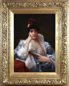 Peinture à l'huile sur toile portrait d'une femme élégante avec un éventail daté de 1890
