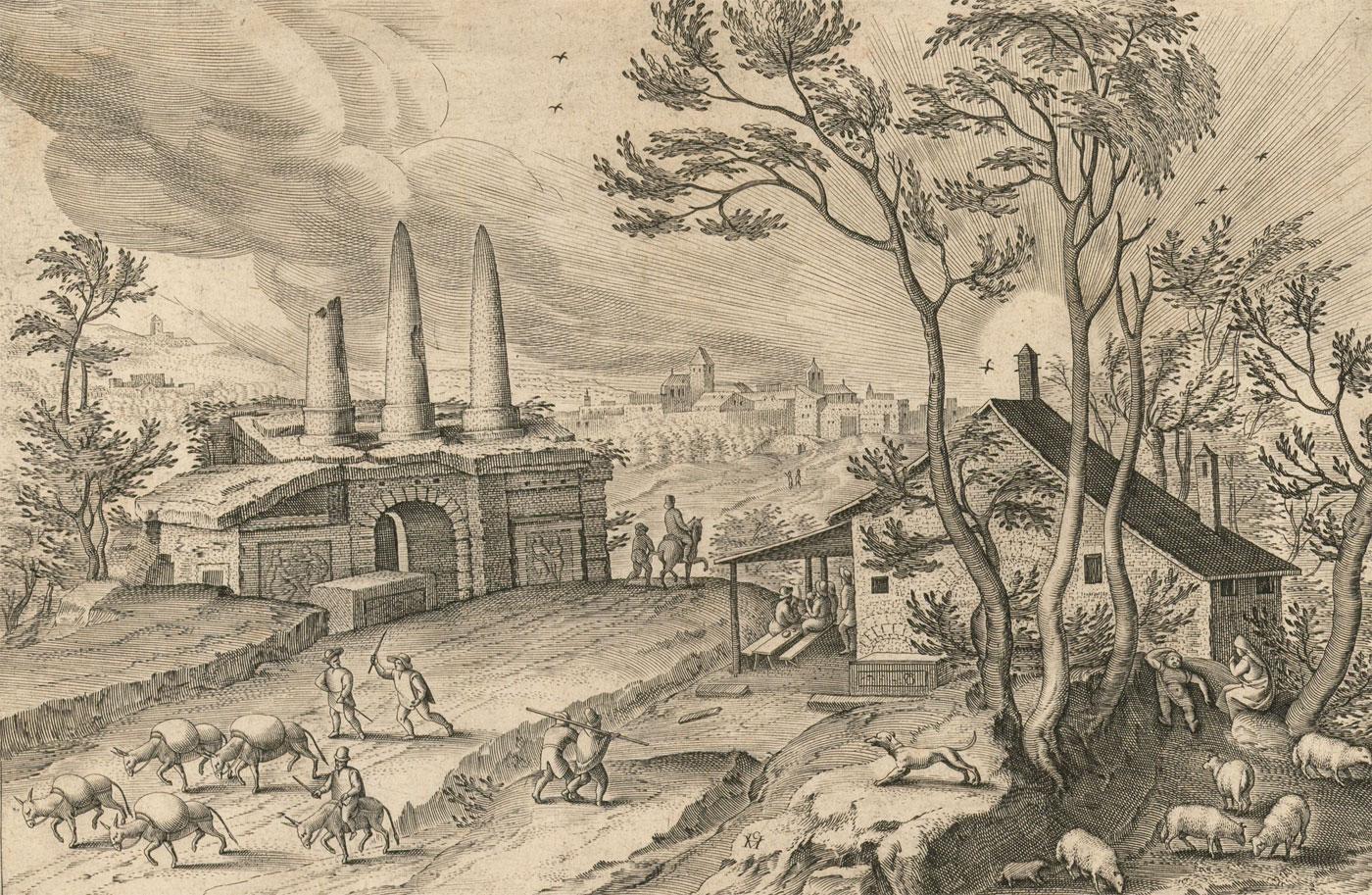 Philips Galle after Hendrick van Cleve III An extremely fine Dutch engraving on laid paper. Italian landscape with probably the ruin of the cemetery of the legendary brothers Horatii. In the middle of the print is a road with a caravan. On the right