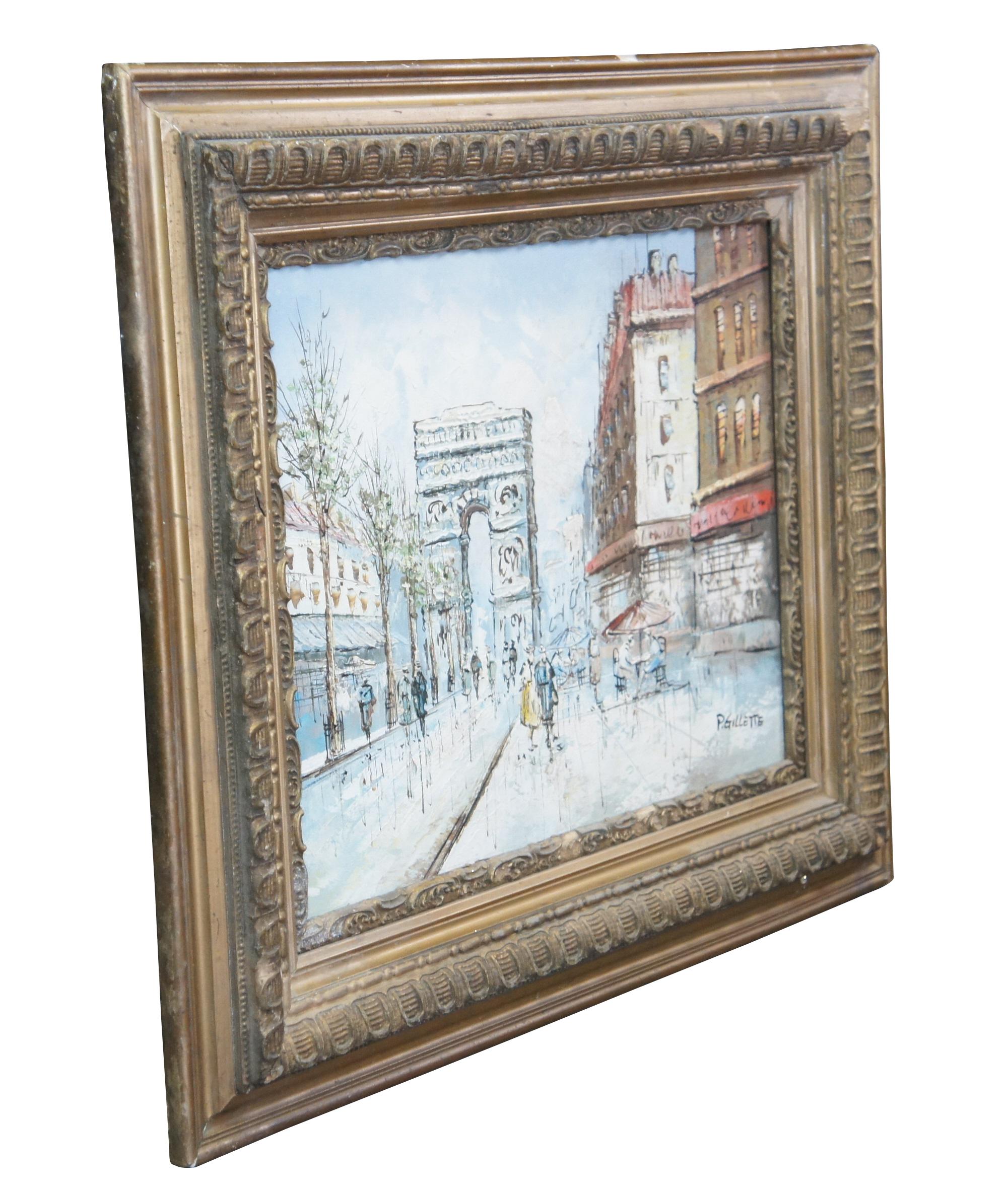 P. Gillette late 20th century French Impressionist cityscape Painting.  The oil on canvas features the Arc De Triomphe in Paris and is signed lower right.  The painting is framed in gold with ornate detail.

Dimensions:
29