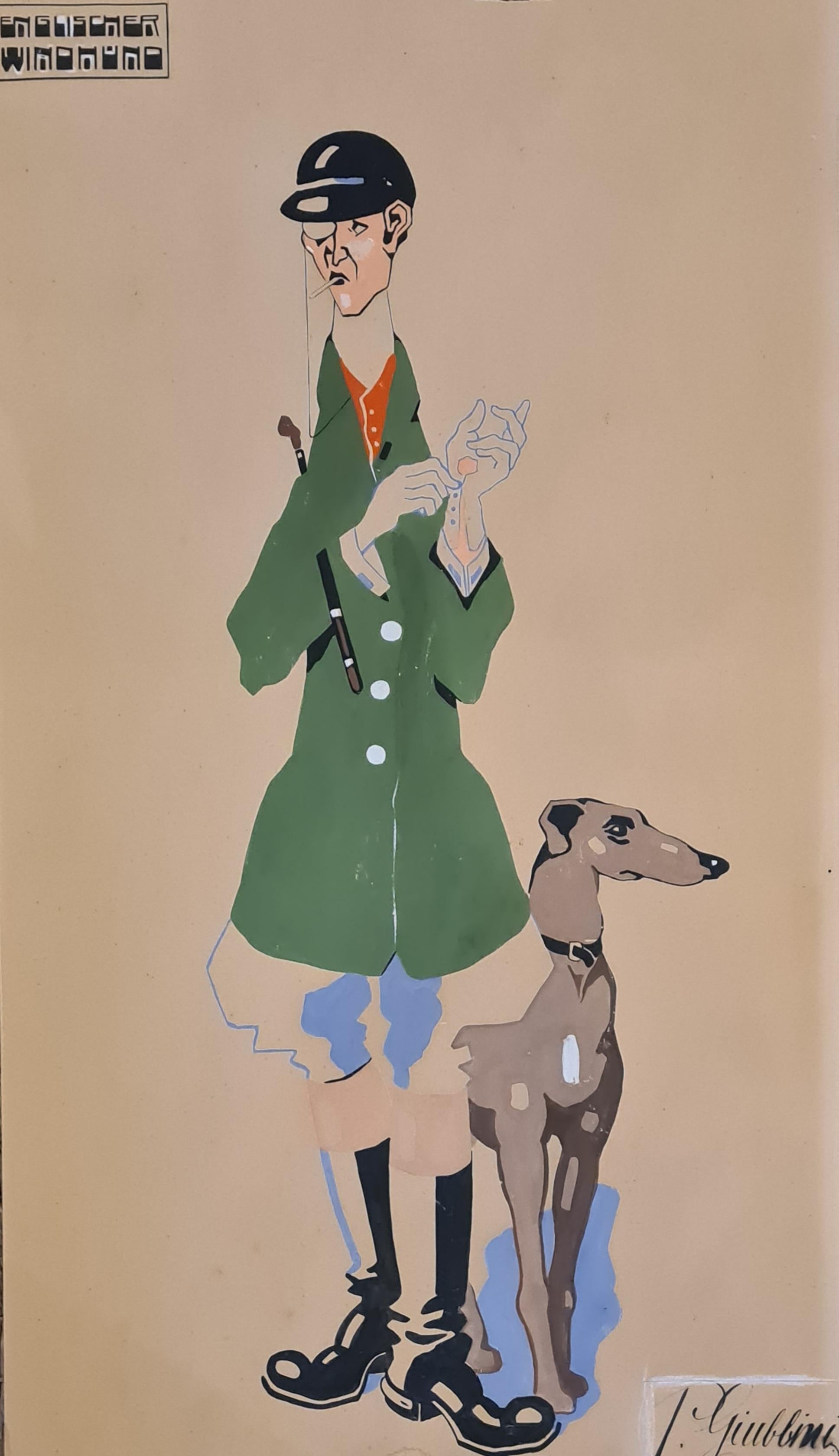 Englischer Windhund und Preussischer Landjuncker. 2 Art-Déco-Porträts in Gouache  – Painting von P Giubbini
