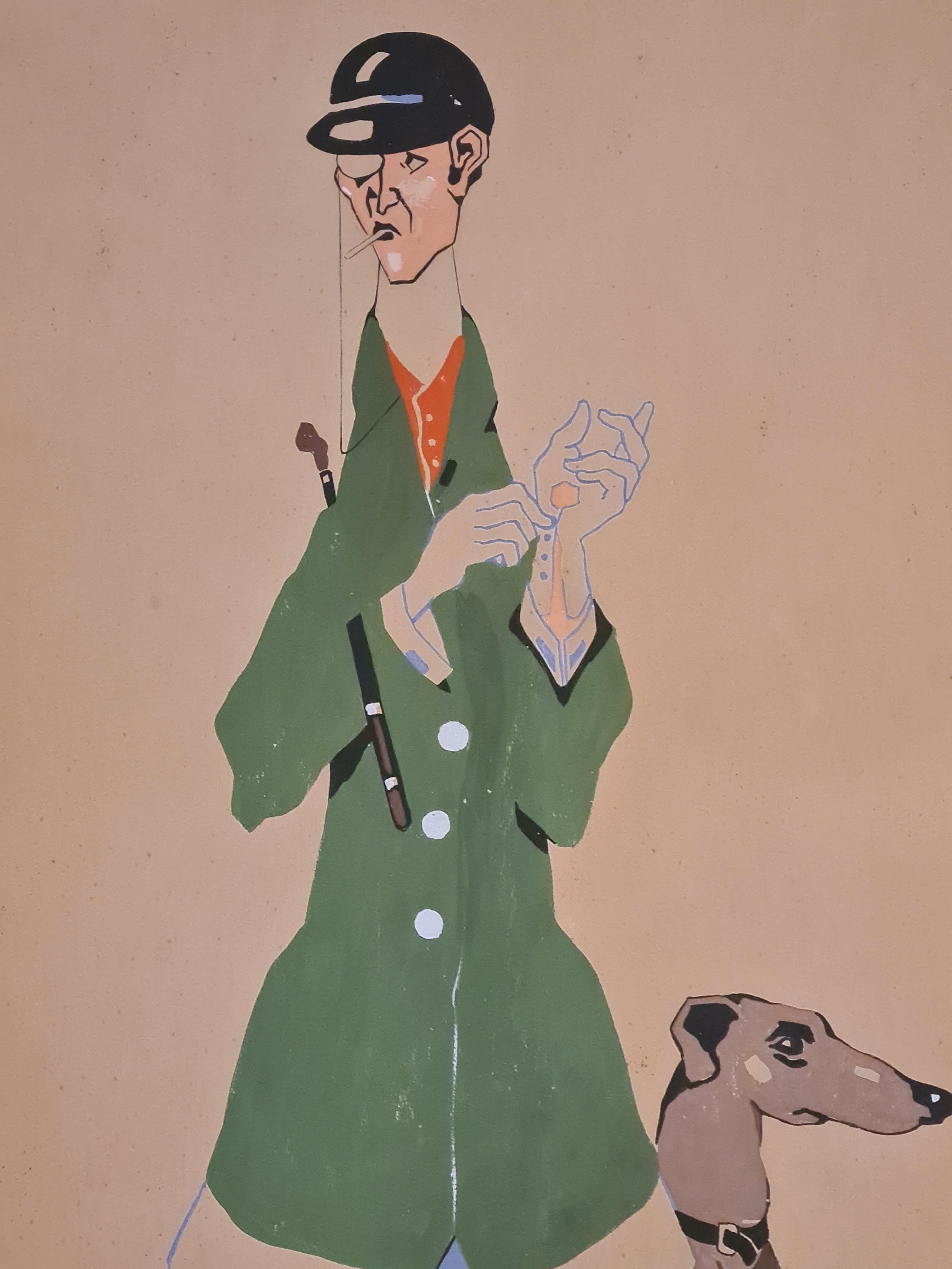 Englischer Windhund, Art Deco Gouache Portrait on Paper. - Painting by P Giubbini