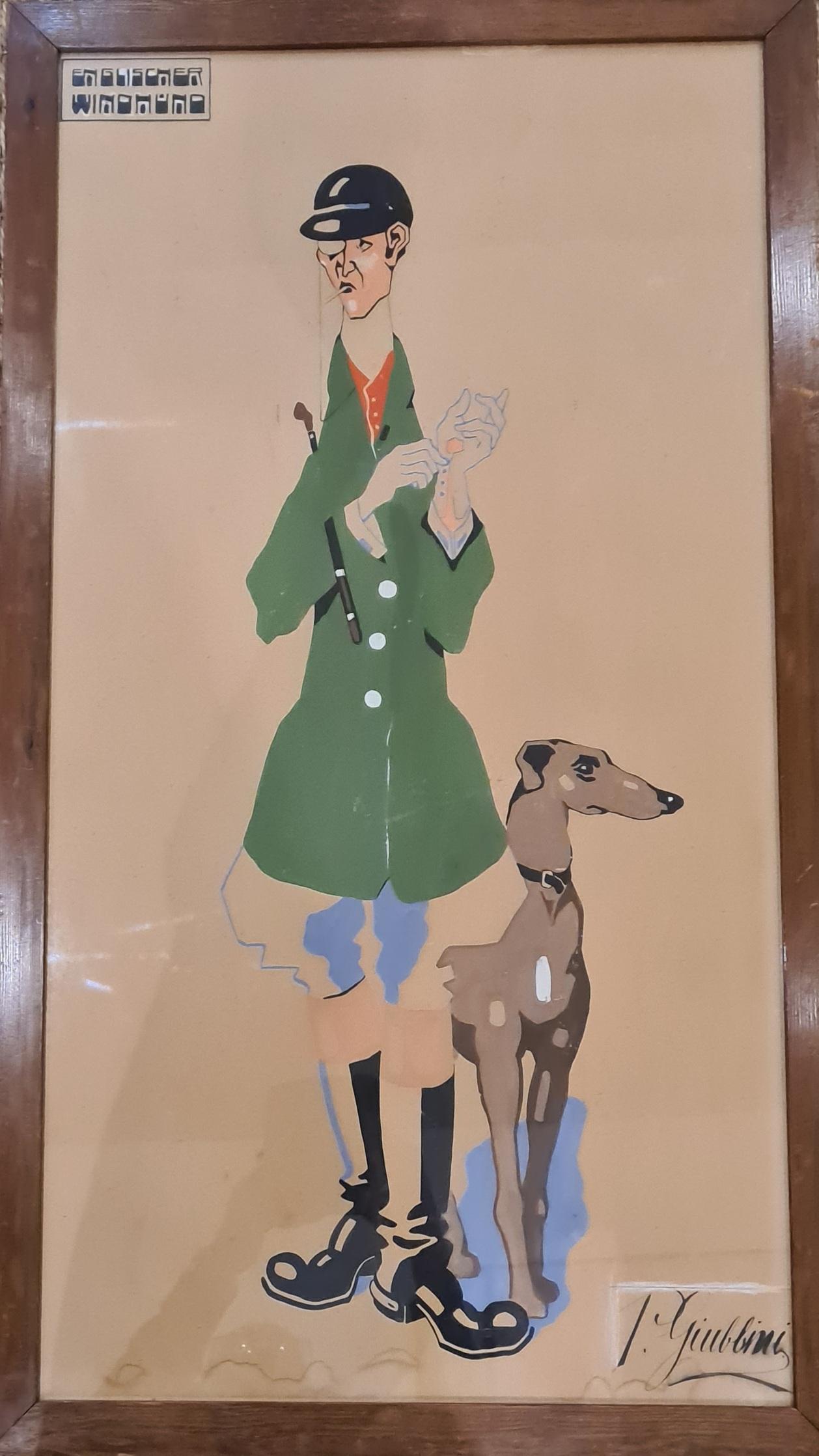 Englischer Windhund, Art Deco Gouache-Porträt auf Papier. (Art déco), Painting, von P Giubbini