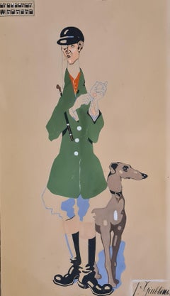 Antique Englischer Windhund, Art Deco Gouache Portrait on Paper.