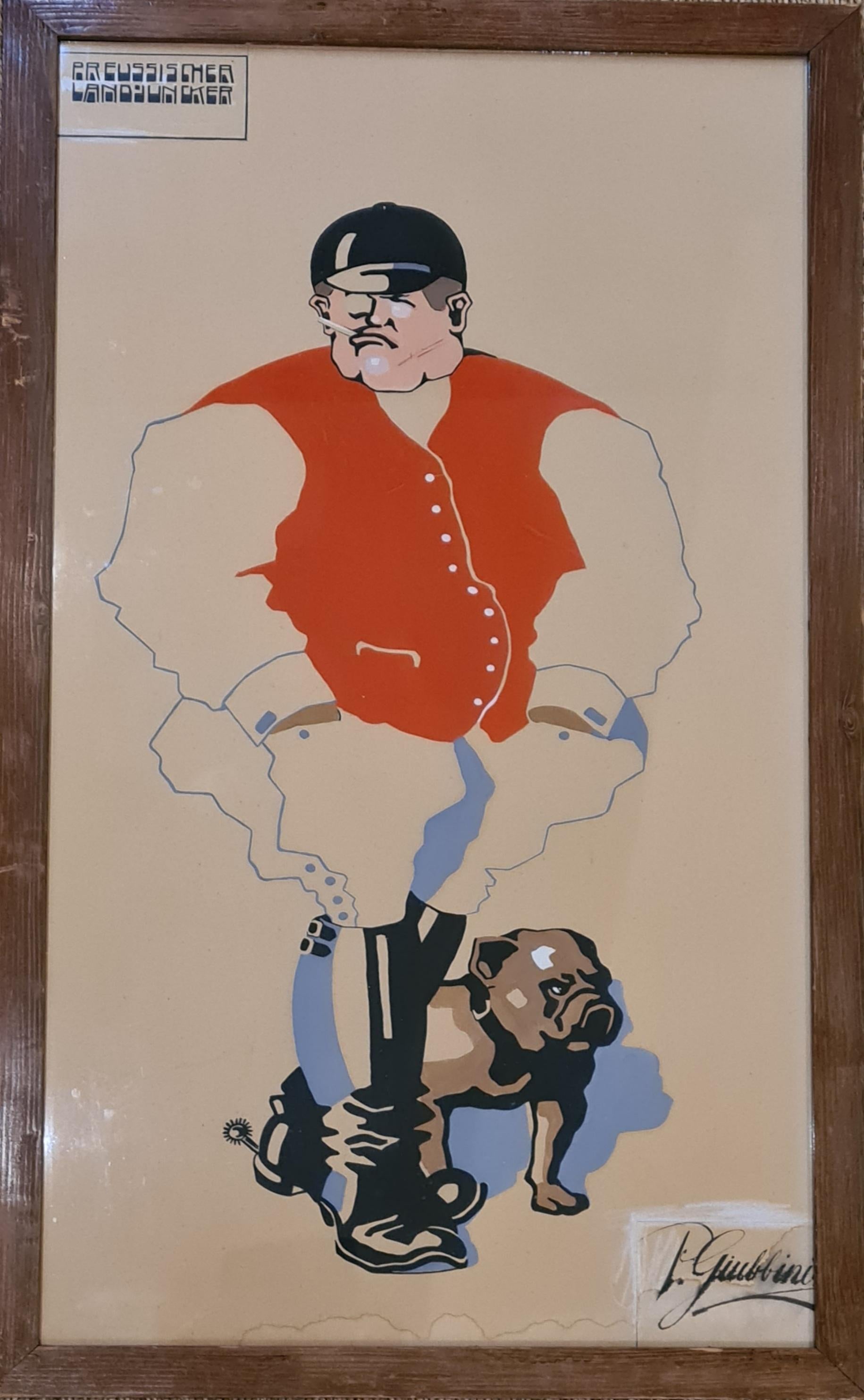 Preussischer Landjuncker, Art déco-Porträt in Gouache auf Papier, Gouache – Painting von P Giubbini