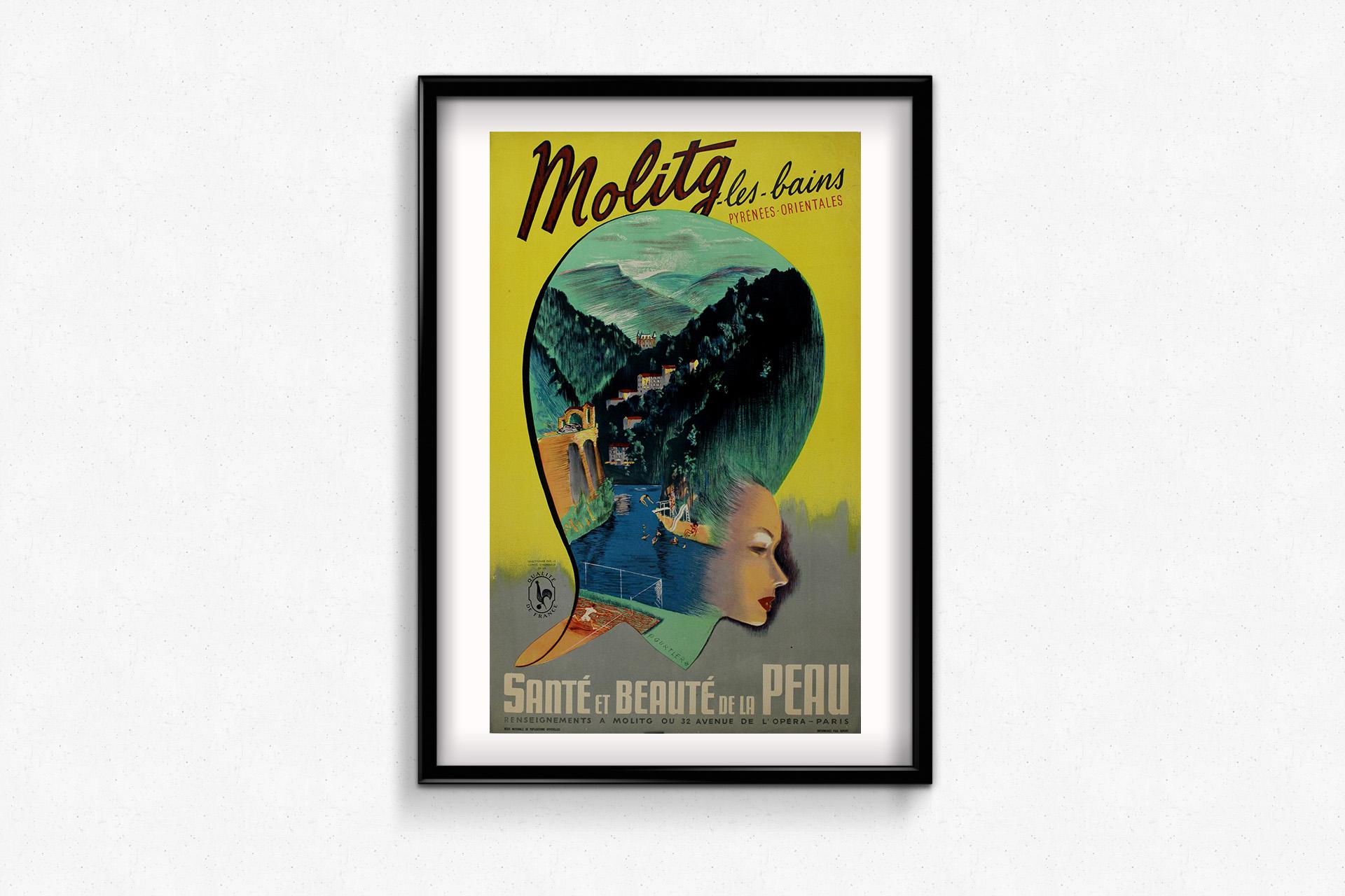 This circa 1930 original travel poster, designed by P. Gurtler, promotes the renowned thermal spa resort of Molitg-les-Bains, located in the Pyrénées-Orientales region of France. Known for its therapeutic waters, Molitg-les-Bains was a favored