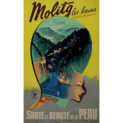 Circa 1930 original travel poste promotes the spa resort of Molitg-les-Bains
