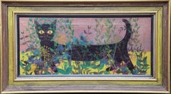 Black Cat in Foliage - British 1900 Surrealist animal art feline oil painting