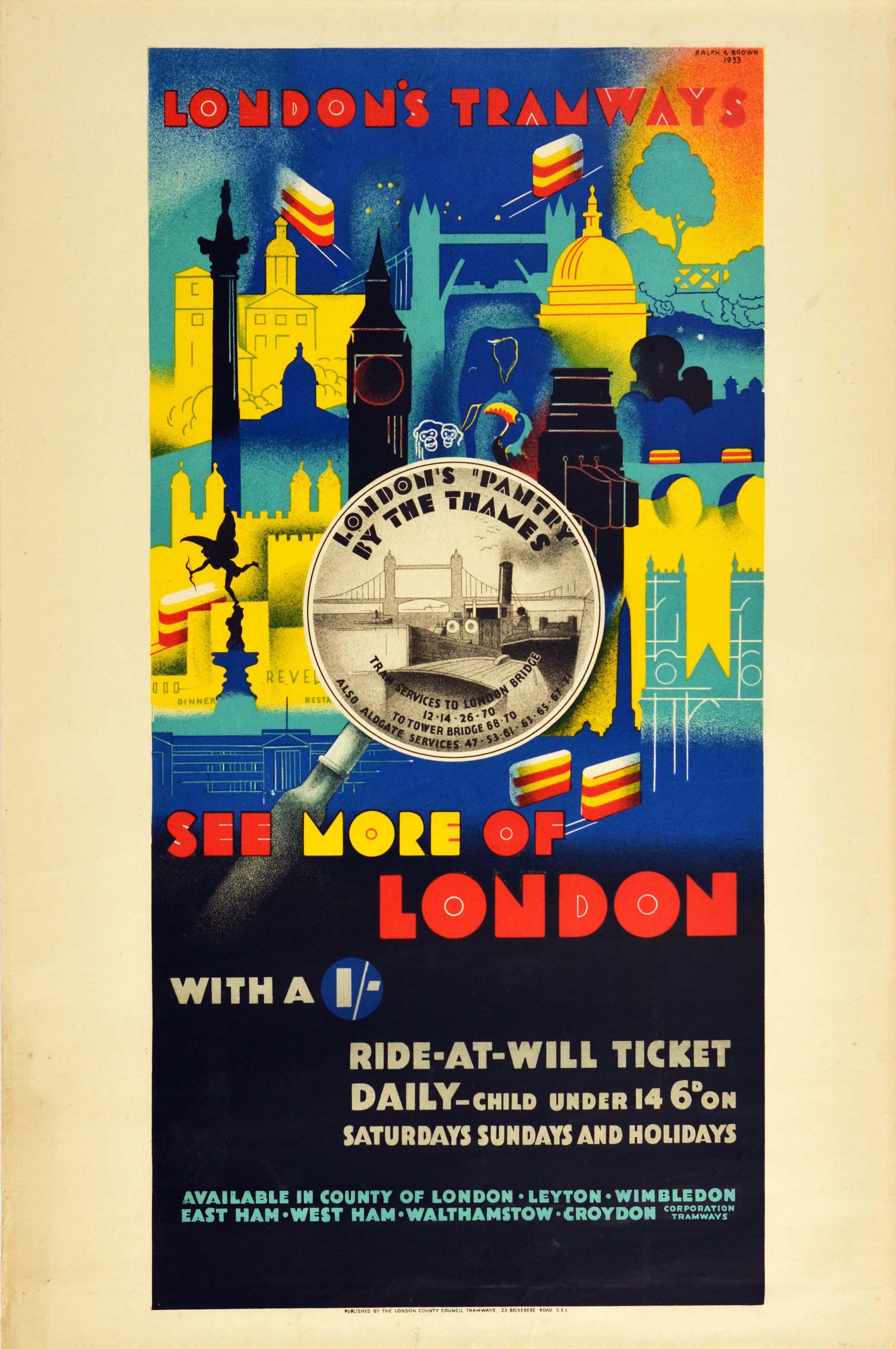 P Irwin Brown Rickman Ralph Print - Original Vintage Travel Poster London's Tramways See More Of London Transport