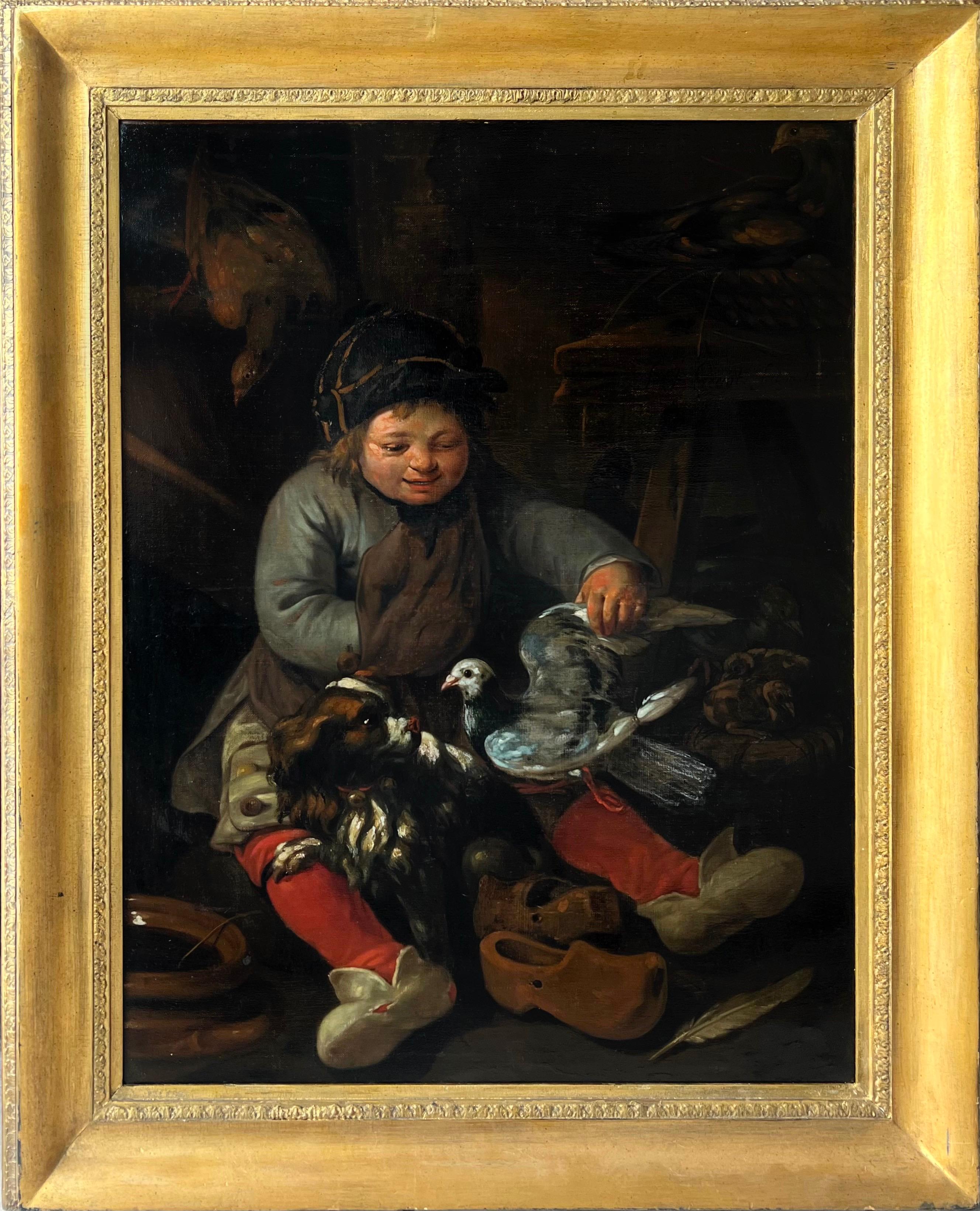 P. J. Geerst Animal Painting - Dutch Old Master - Boy feeding his dove, accompanied by his dog 1765