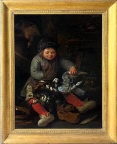 Dutch Old Master - Boy feeding his dove, accompanied by his dog 1765