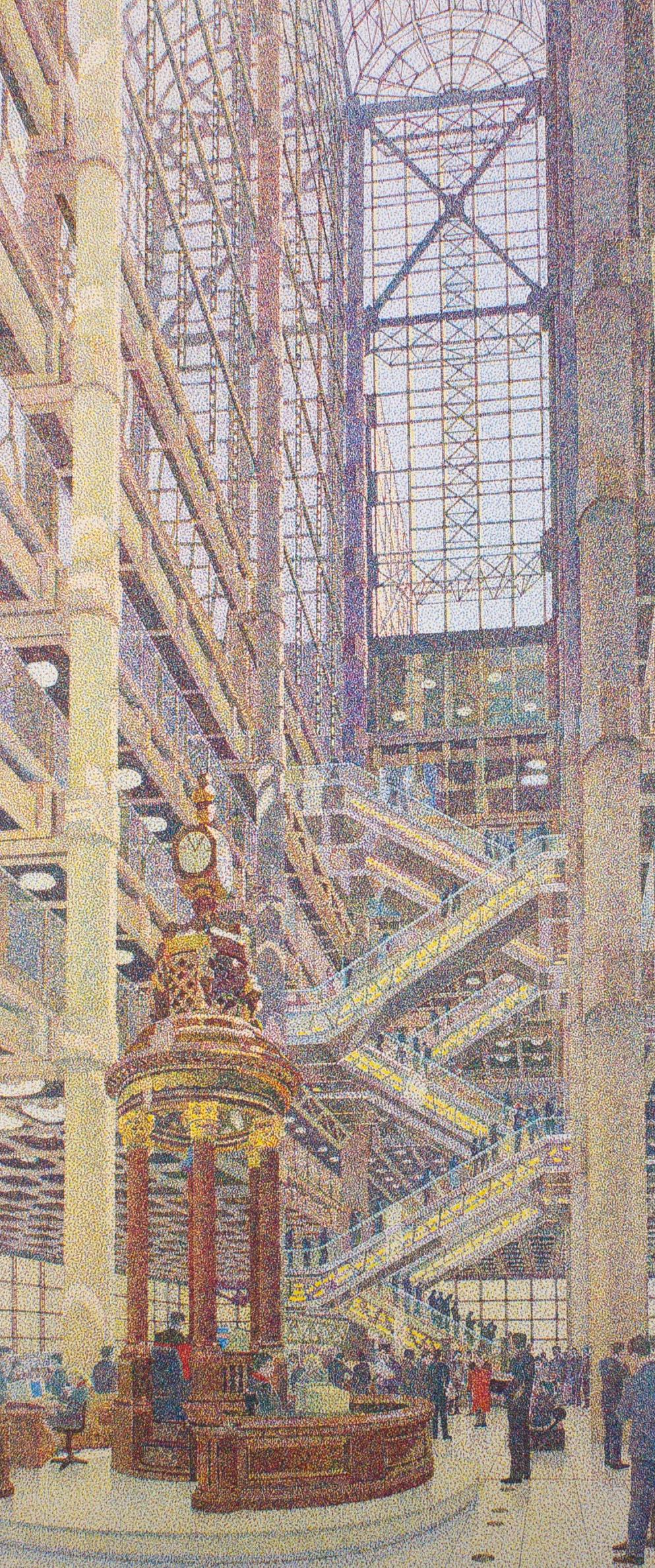 A fun and unusual silk screen print done in the CMYK method with pointillist texture. The scene shows a dramatic interior view of the Lloyds building in London. The artist has signed, dated, inscribed and marked A/P (artist's proof) to the lower