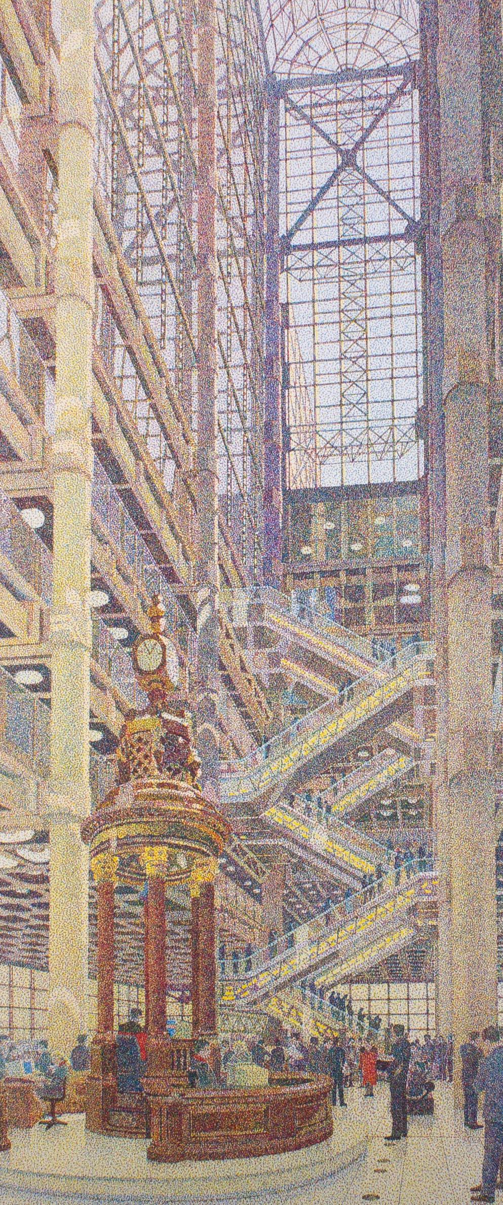 A fun and unusual silk screen print done in the CMYK method with pointillist texture. The scene shows a dramatic interior view of the Lloyds building in London. The artist has signed, dated, inscribed and marked A/P (artist's proof) to the lower