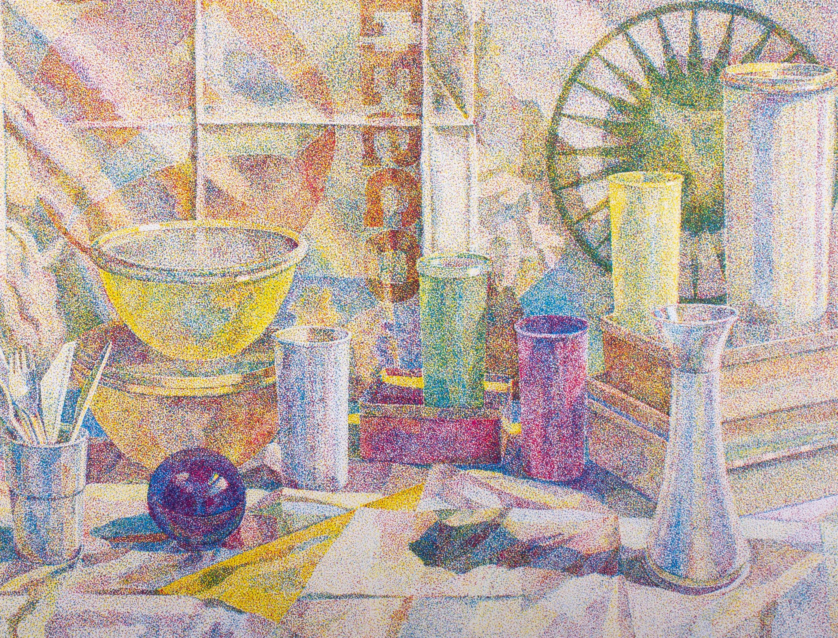 Une sérigraphie amusante et inhabituelle réalisée selon la méthode CMYK avec une texture pointilliste. La nature morte montre une sélection de divers objets en plastique sur une table. L'artiste a signé, daté, inscrit et marqué A/P (épreuve