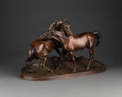P. J. Mêne '1810-1879' "L'accolade", Bronze à Patine Marron Nuancée, Vers 1880