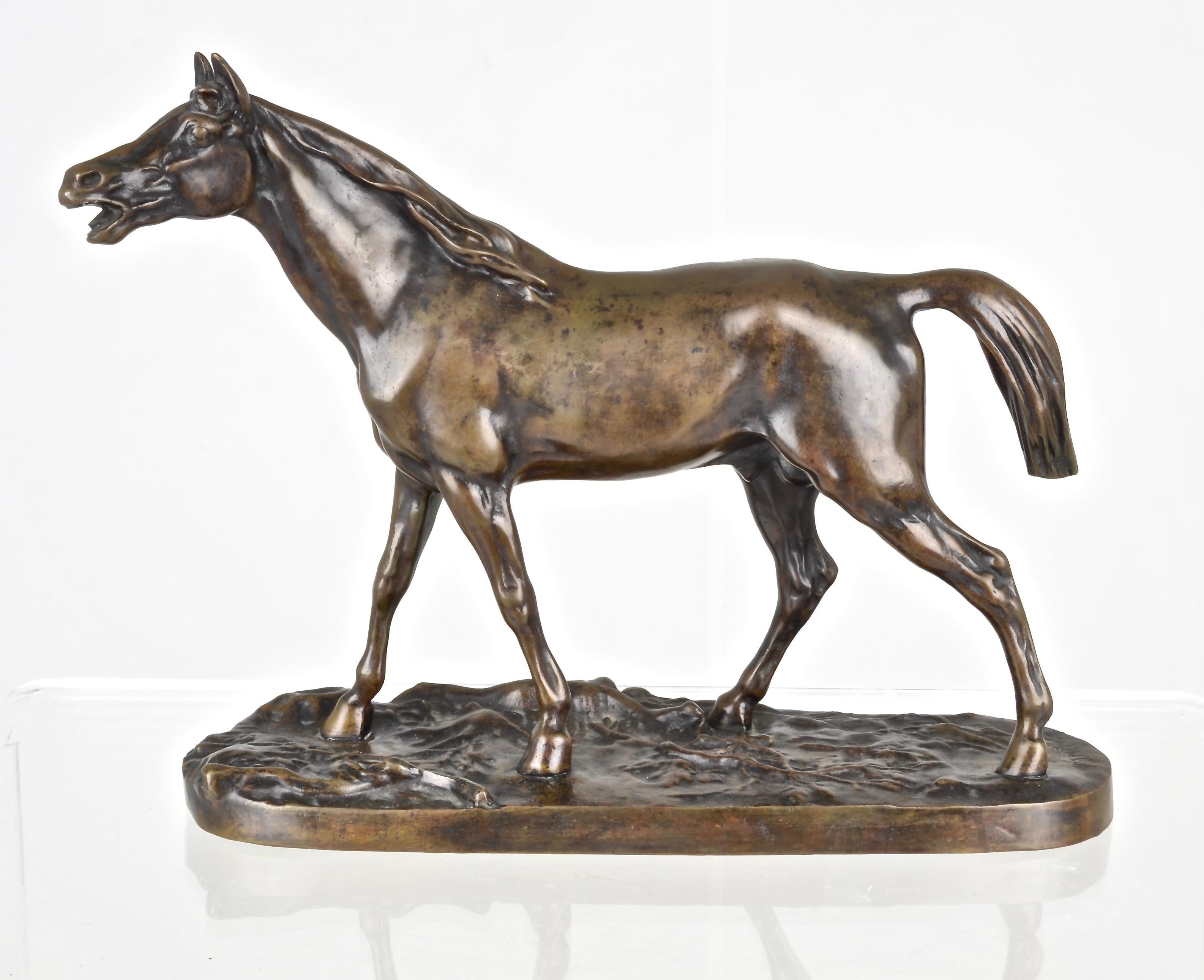 Pierre-Jules Mêne (1810-1879) was a French sculptor known for animal sculptures. This work of a walking stallion has exceptional quality of casting and patina. It also features the characteristic mid-19th c square nuts on the underside. Note in