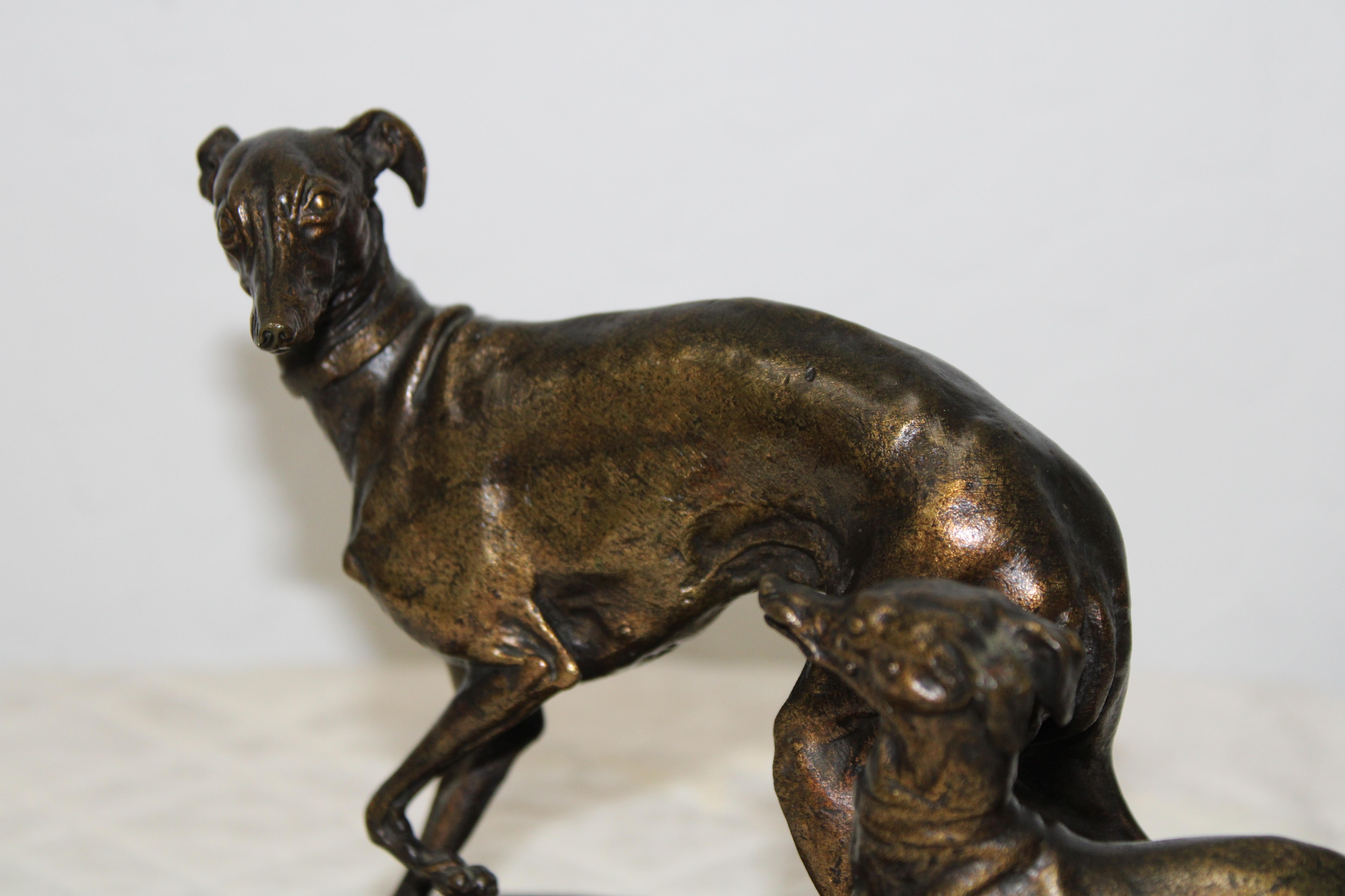 P. J Mene Bronze Two Greyhound Dogs w/ Ball 'Signed' In Good Condition For Sale In San Francisco, CA