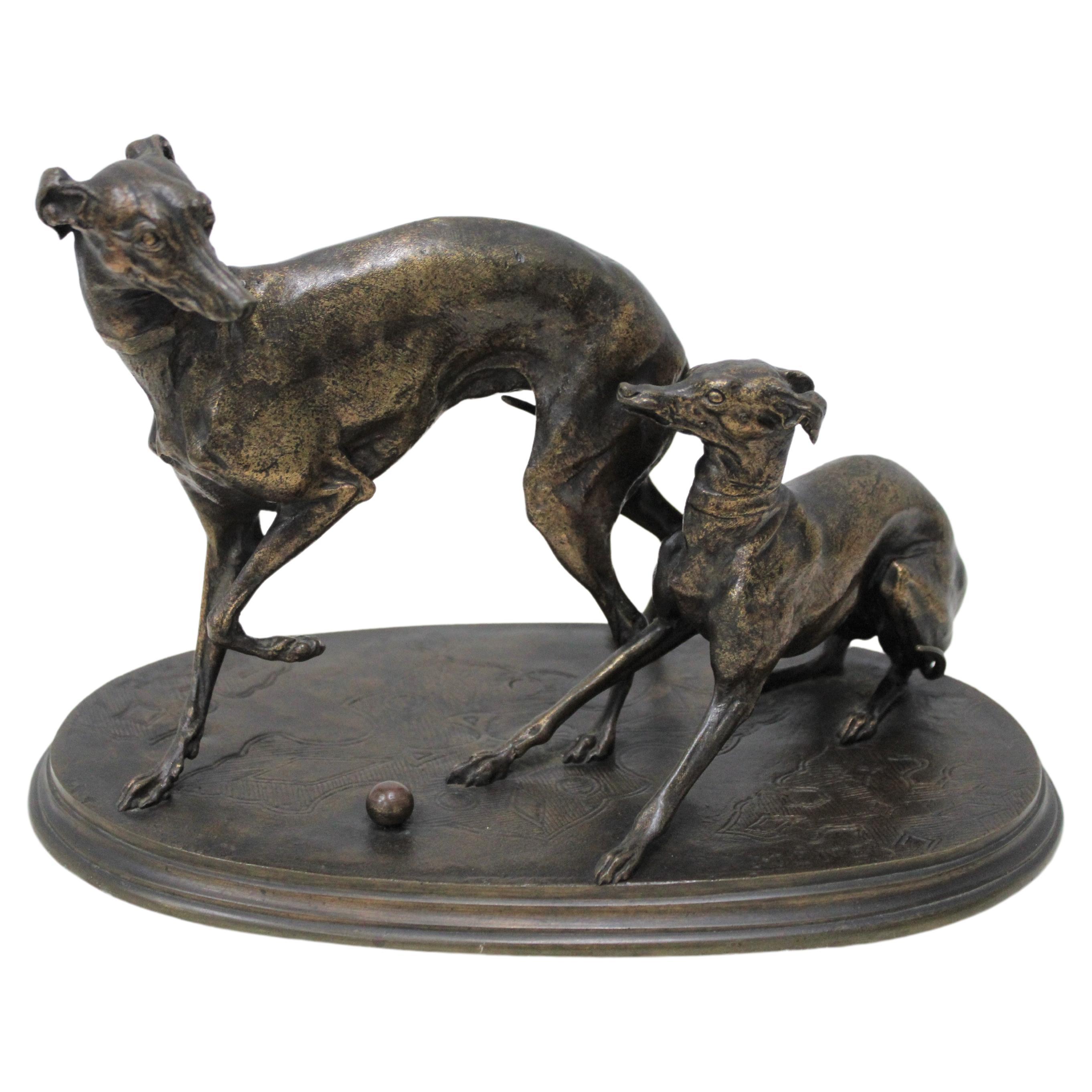 P. J Mene Bronze Two Greyhound Dogs w/ Ball 'Signed' For Sale