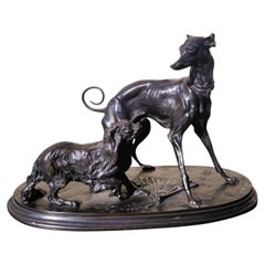 P J Mêne, Greyhound And King Charles, Signed Bronze, 19th Century