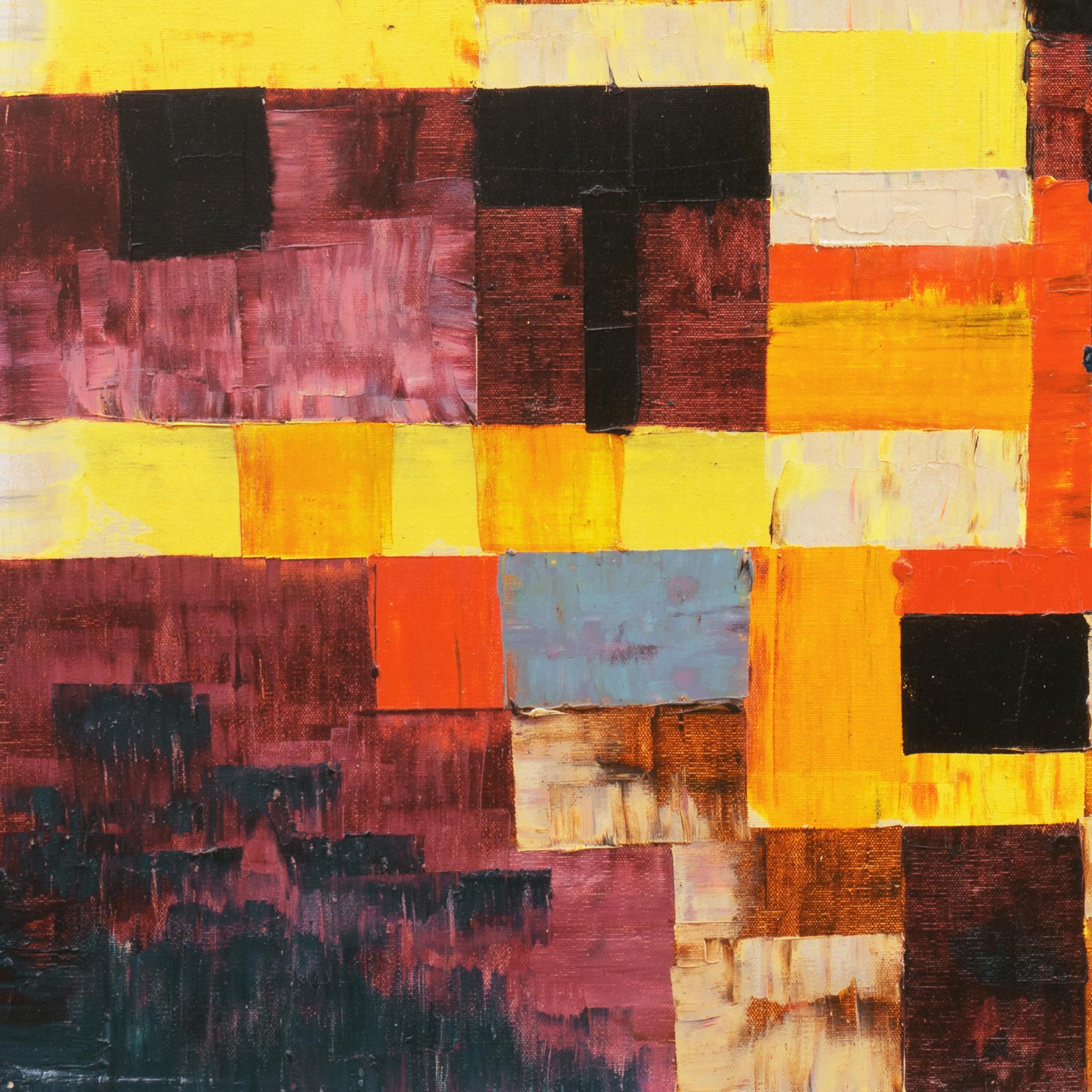 Signed lower right, 'P. Jean' and painted circa 1975; stamped verso with certification of authenticity from the Louvre/West Atelier. 

A substantial linear abstract comprising contiguous rectangles in primary and secondary colors contrasted against