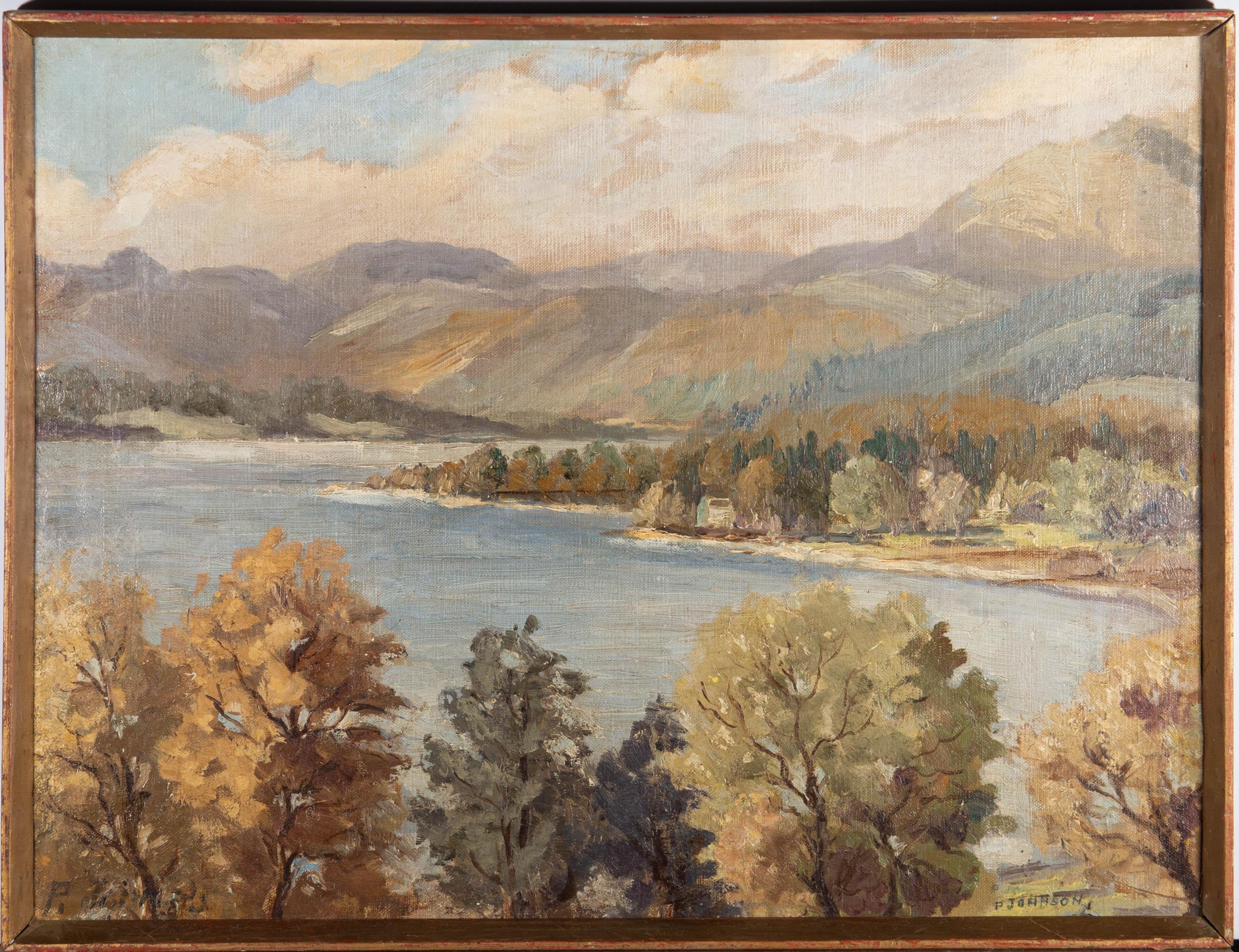 A charming oil painting by P. Johnson, depicting a view of mountains. Signed to both lower corners. On board.
