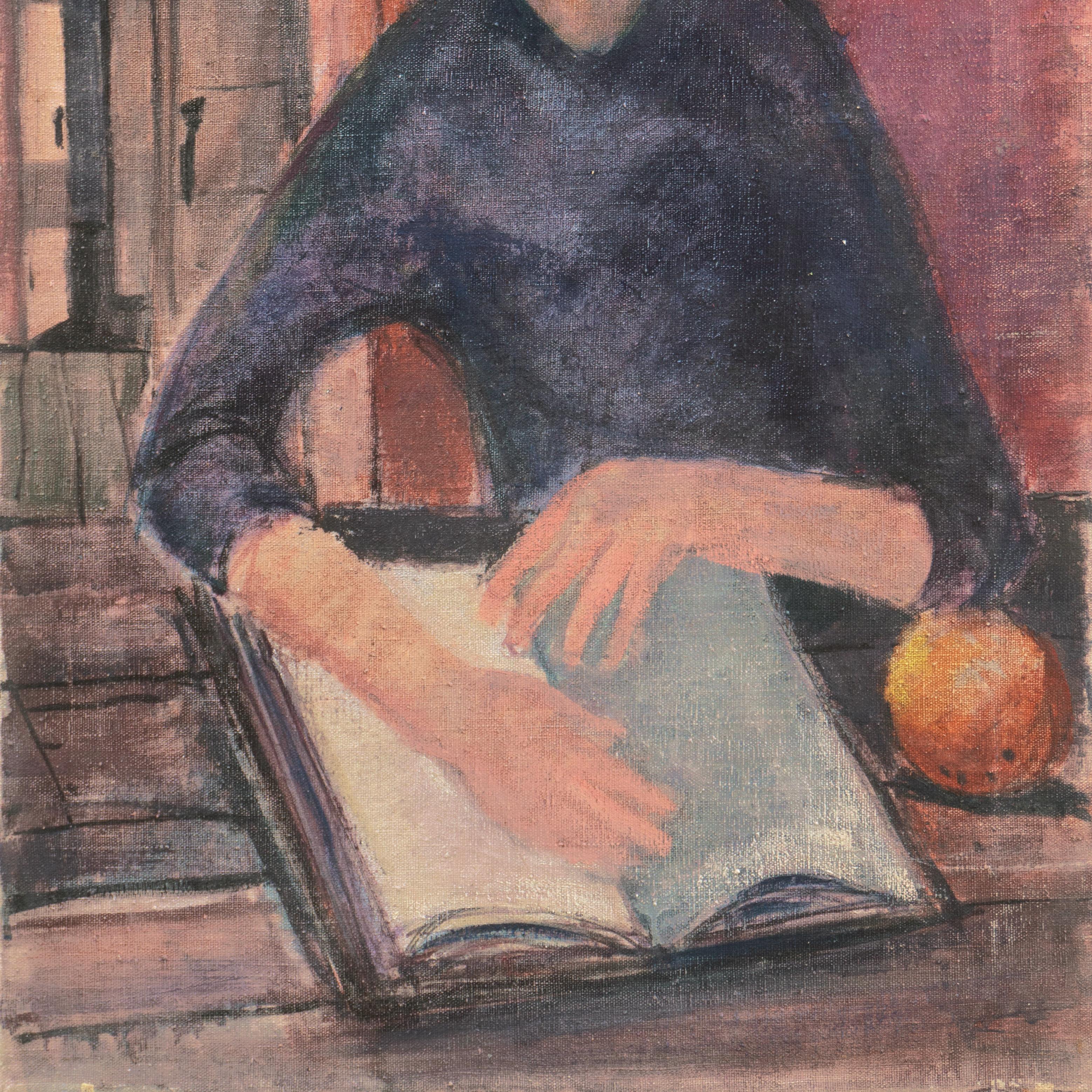 « Study of a Woman Reading », scène figurative d'intérieur américaine du milieu du siècle dernier - Marron Figurative Painting par P. Johnstone