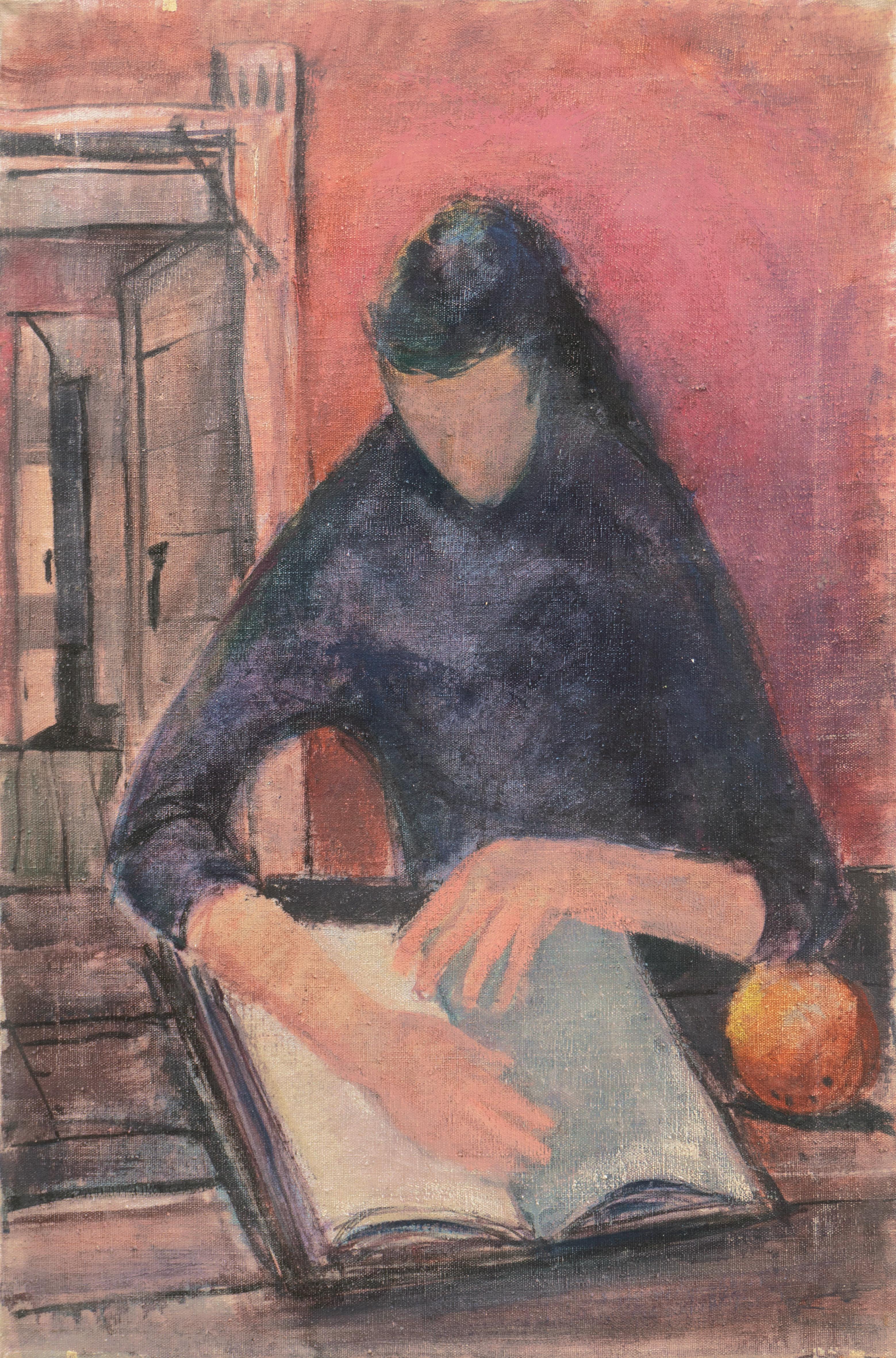 Figurative Painting P. Johnstone - « Study of a Woman Reading », scène figurative d'intérieur américaine du milieu du siècle dernier