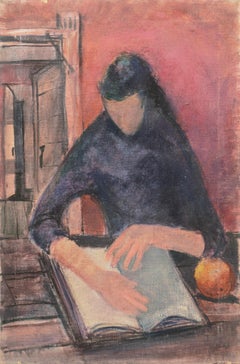 „Study of a Woman Reading“, amerikanische figurative Interieurszene aus der Mitte des Jahrhunderts, Öl