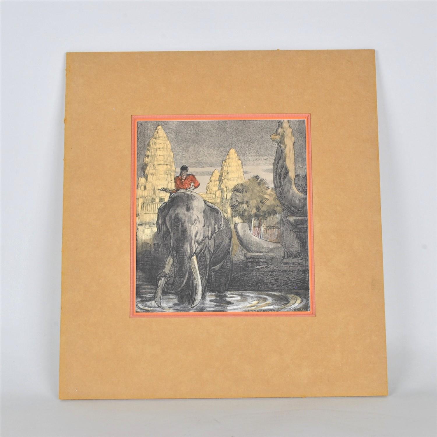 Color lithograph, framed, representing an elephant in front of the temples of Angkor Wat, titled and signed lower right.

Dimensions at image 18x20cm
Dimensions at sight 22.5 x 28cm.