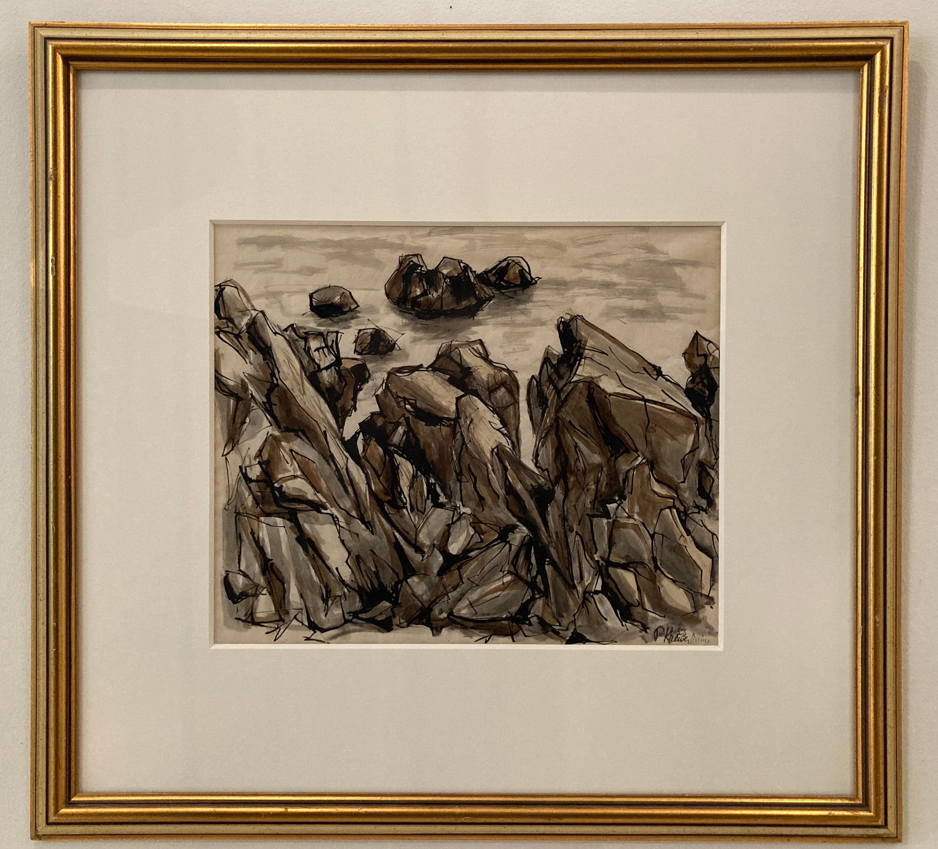 Cette aquarelle encadrée de 26,5 x 16,25 pouces de l'artiste P. Krewer représente un paysage côtier rocheux du Maine. Au premier plan, on aperçoit plusieurs amas de rochers sur le bord de la côte, en plusieurs nuances de gris, de brun et de noir. À