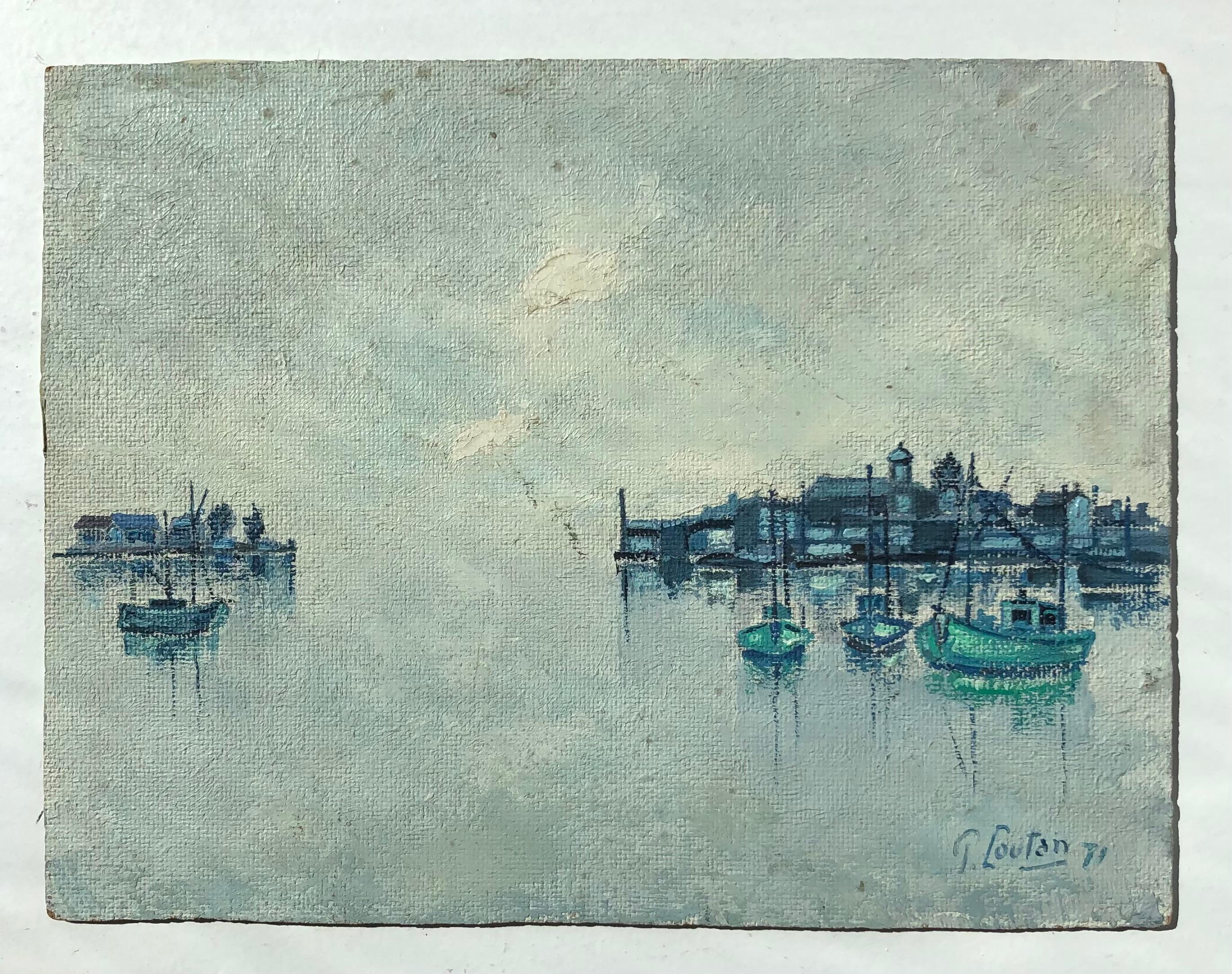 Fishing boats in the harbor - Painting by P. Loutan