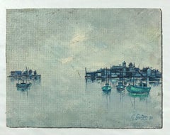 Fishing Boats in Harbor, Oil on Wood, French School, 1970s