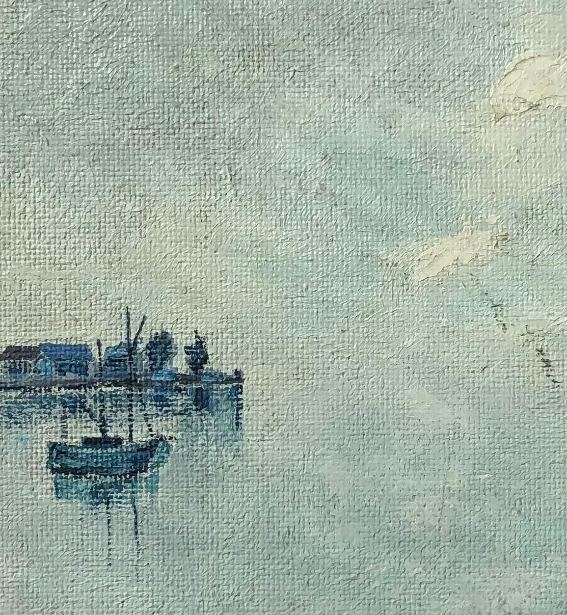 Fishing boats in the harbor - Gray Landscape Painting by P. Loutan