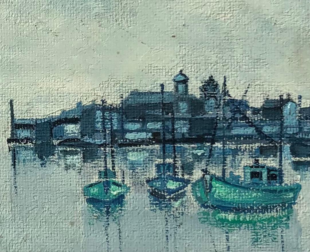 Work on wood

his work of art depicts a misty seascape, where the horizon line blends harmoniously into the cloudy sky. To the right, a series of coastal buildings rise up, evoking a peaceful harbor town. Shades of blue and gray dominate the scene,
