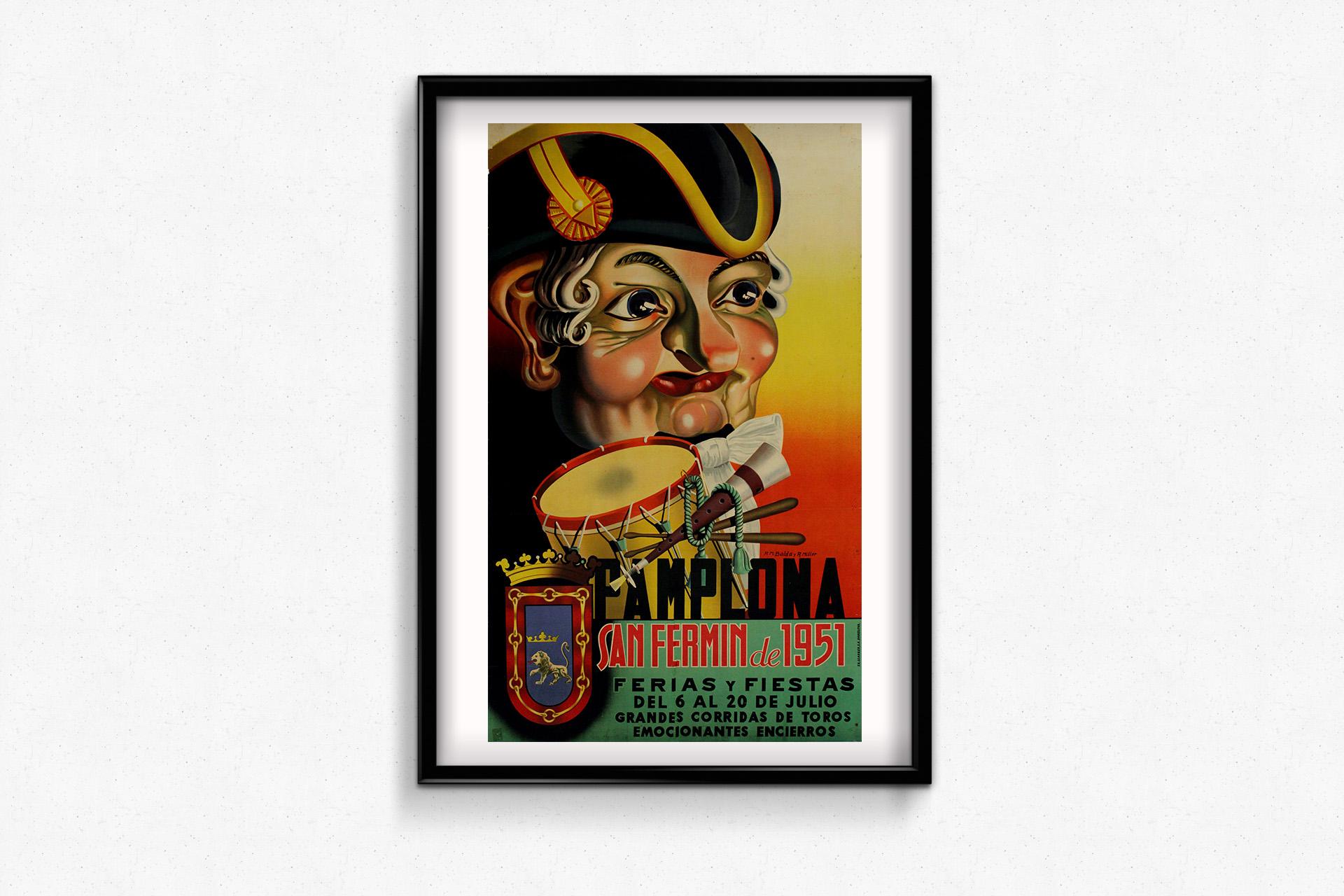 El cartel original de 1951 para las famosas fiestas de San Fermín de Pamplona, creado por P. M. Balda y R. Millor, es un ejemplo vibrante y cautivador de la publicidad de fiestas de mediados del siglo XX. Este cartel resume el espíritu y la emoción