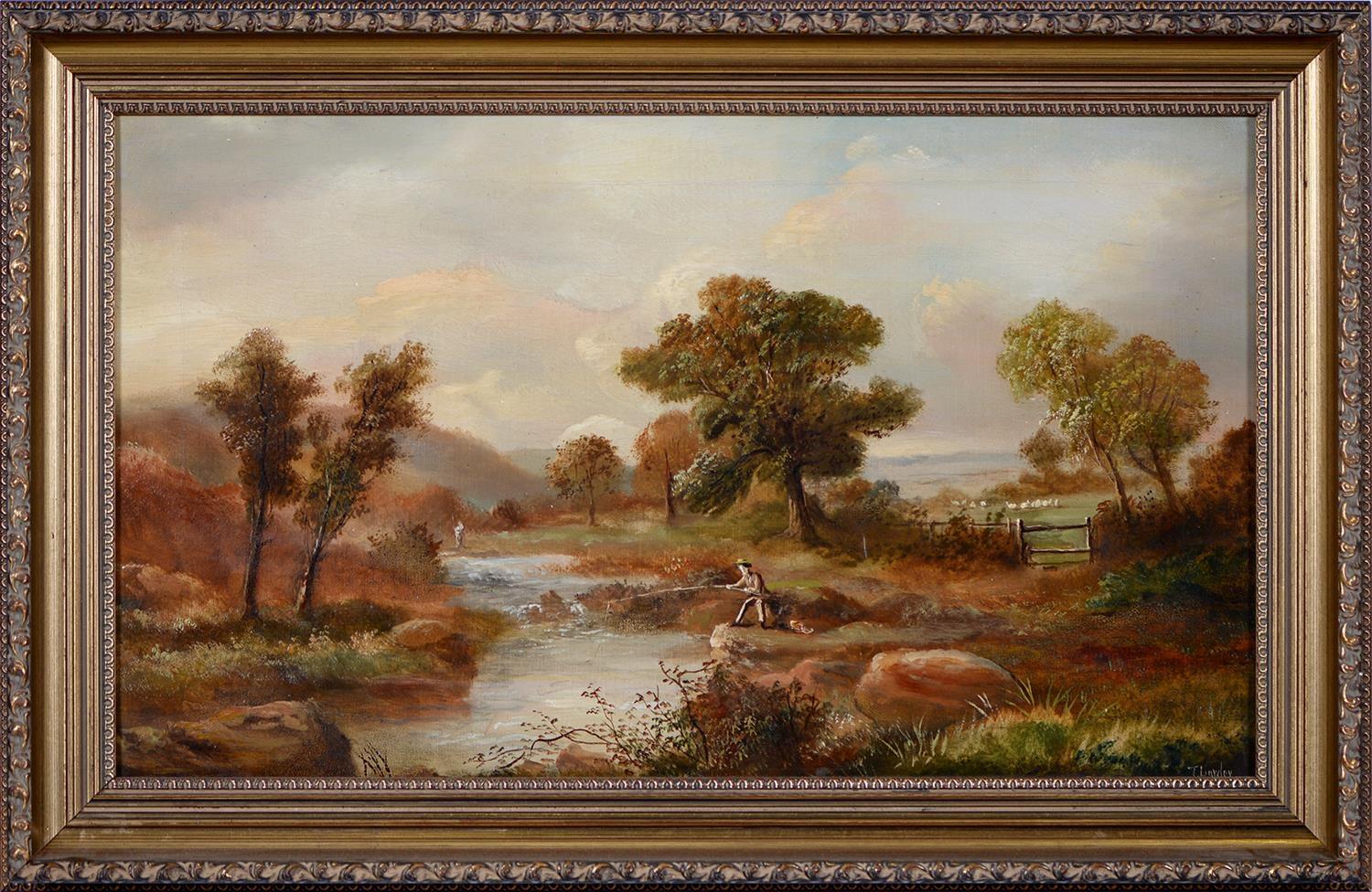 Peinture à l'huile britannique ancienne Angler in Mountainous River Landscape, signée 