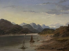 Pintura al Óleo Victoriana Escocesa Antigua - Escena de atardecer en un lago de las Highlands escocesas
