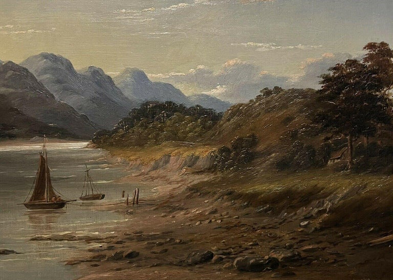 Antique Scottish Victorian Oil Painting - Scottish Highland Loch Scene Sunset For Sale 2