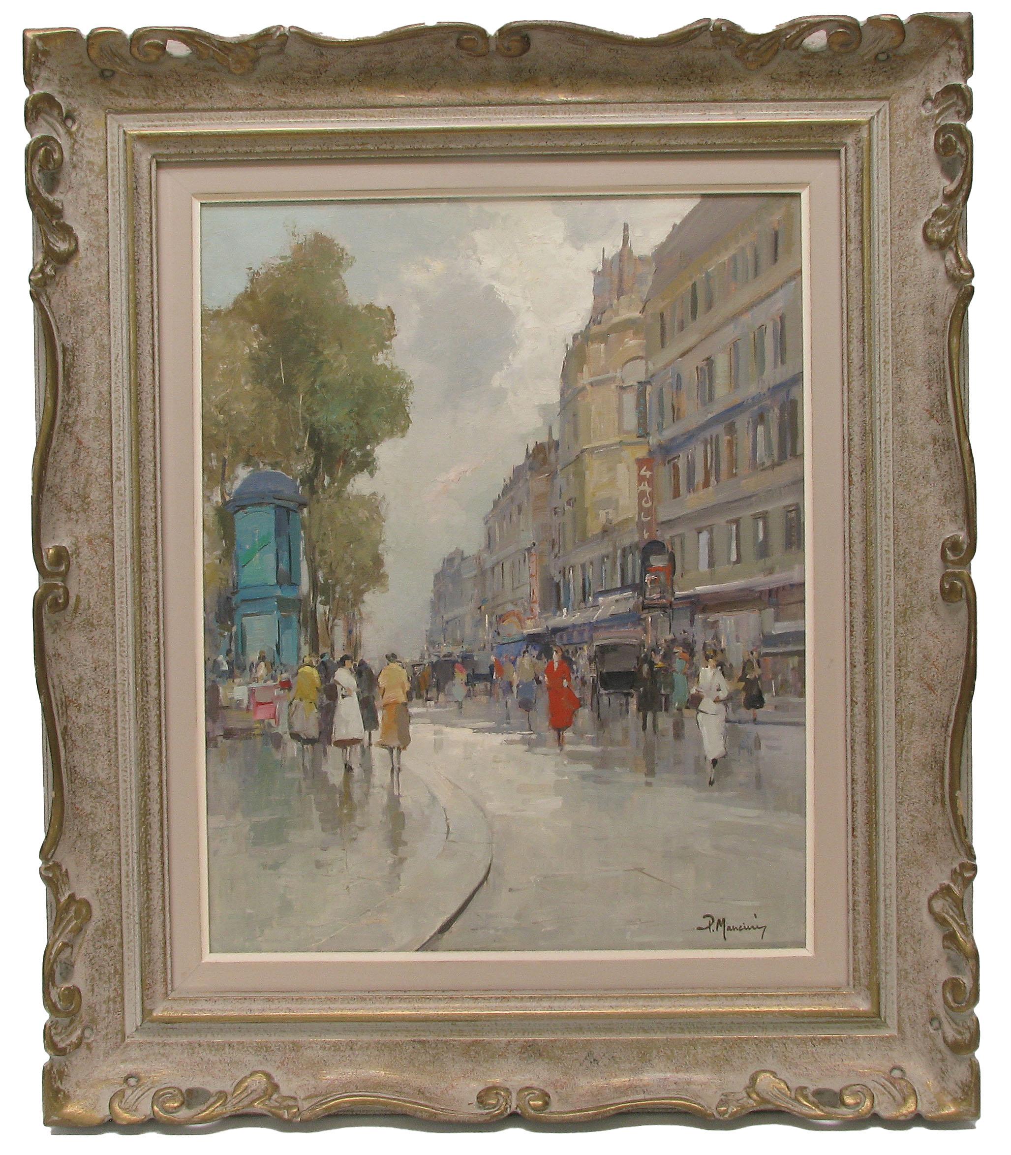P. MANCINI  Escena callejera impresionista de París después de la lluvia C. 1960 Estilo internacional en venta