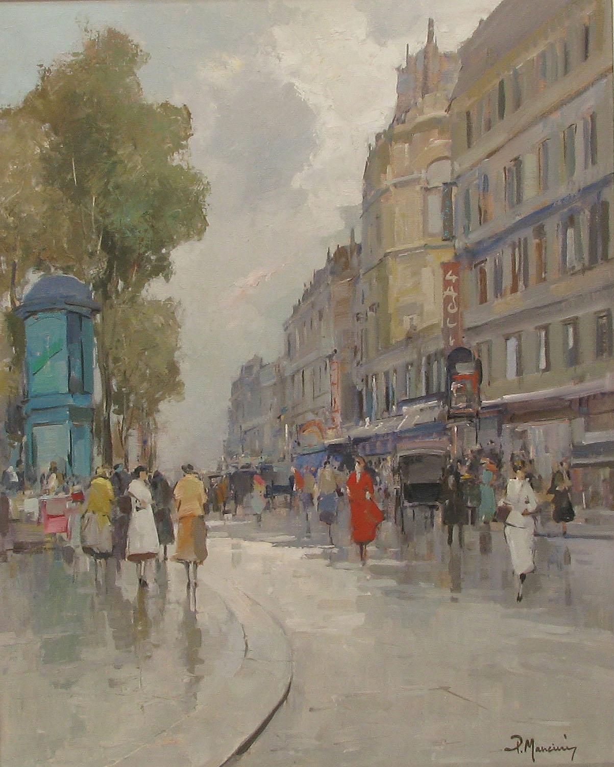 P. MANCINI  Escena callejera impresionista de París después de la lluvia C. 1960 Francés en venta