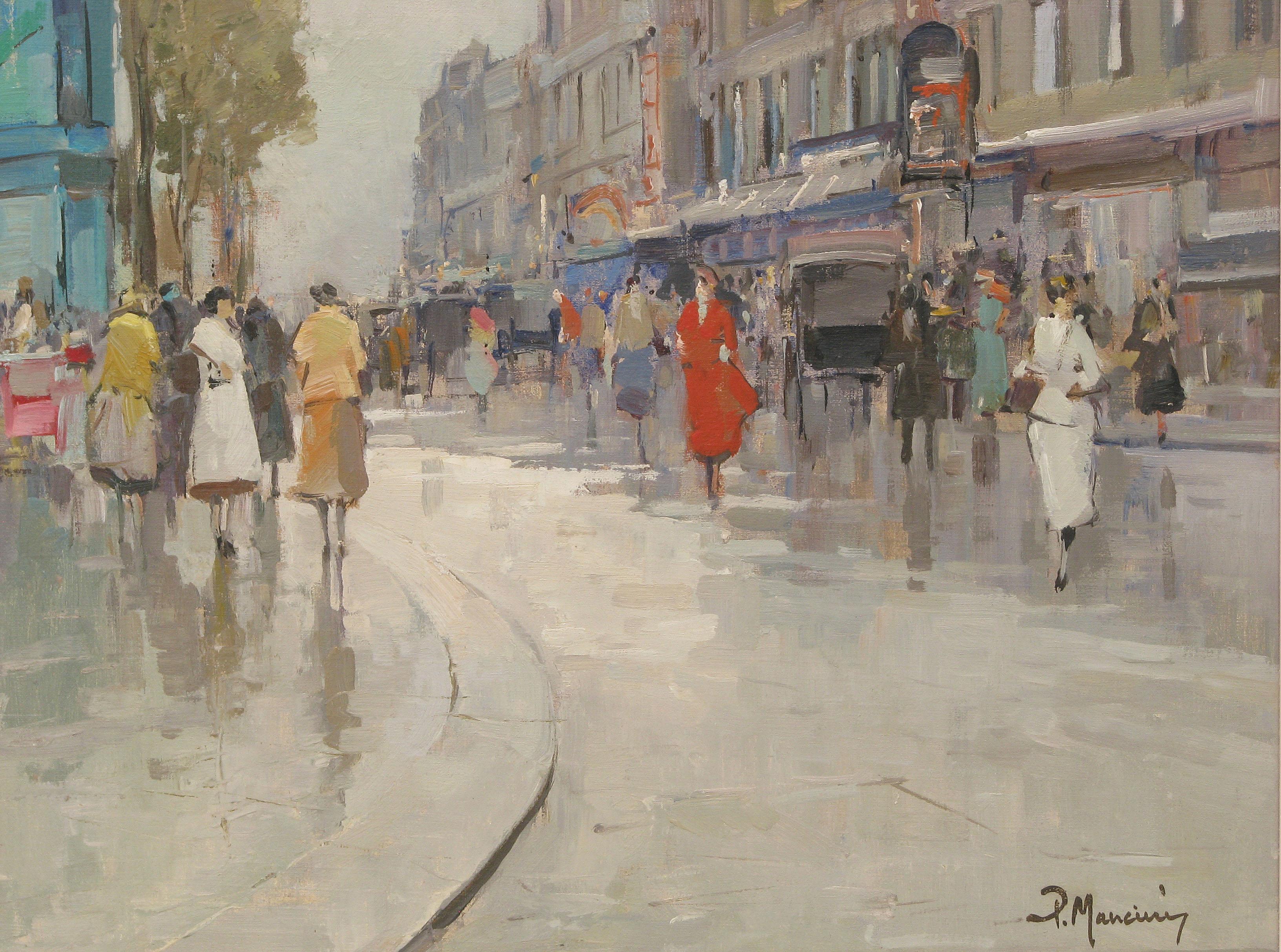 P. MANCINI  Escena callejera impresionista de París después de la lluvia C. 1960 siglo XX en venta