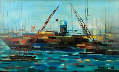 Mid Century Modern Abstracted Maritime Seascape with Boats