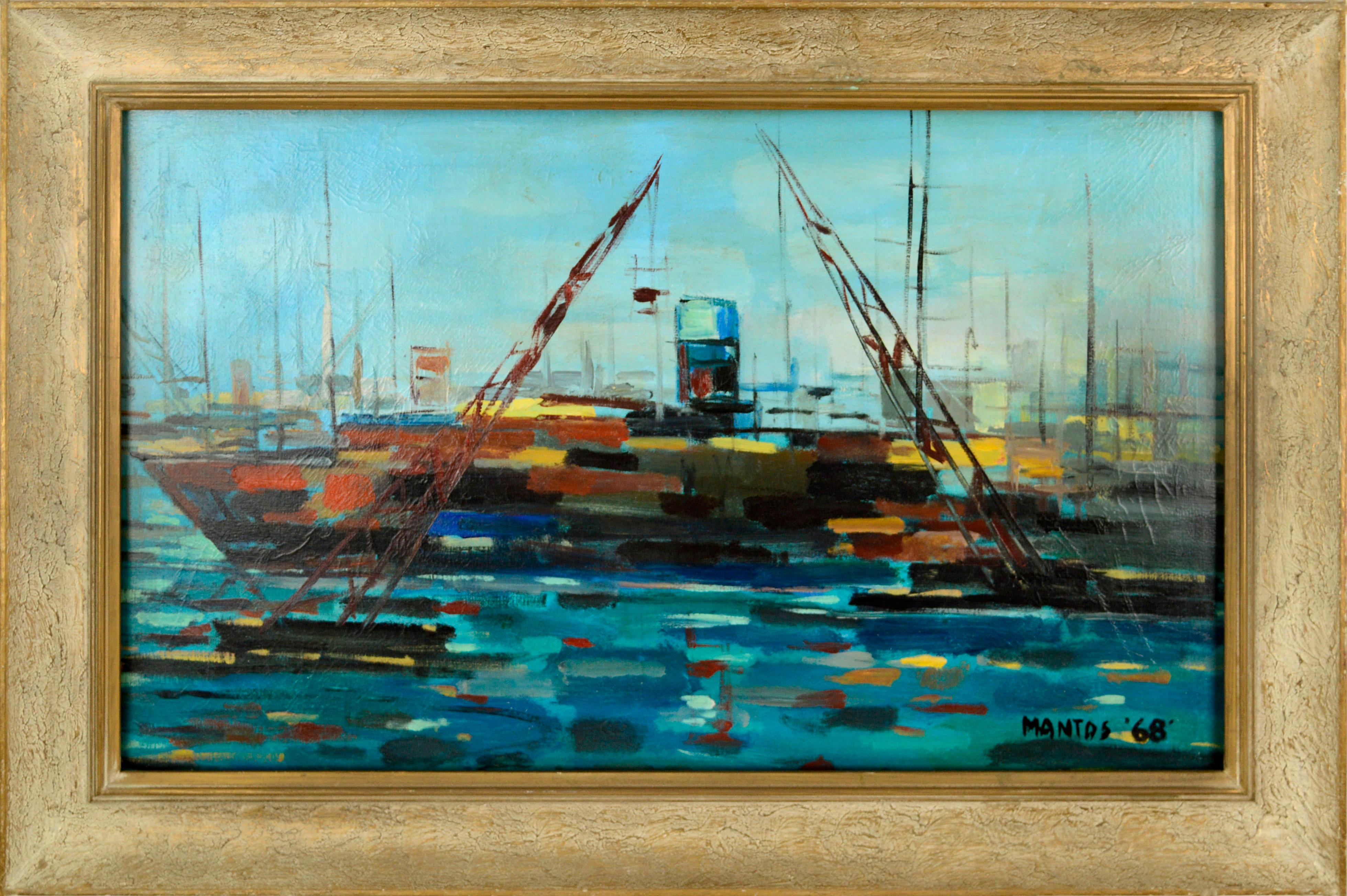 P. Mantos Landscape Painting - Mid Century Modern Abstracted Maritime Seascape with Boats 
