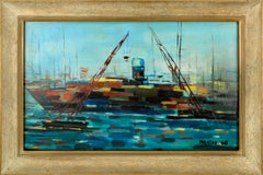 Mid Century Modern Abstracted Maritime Seascape with Boats 