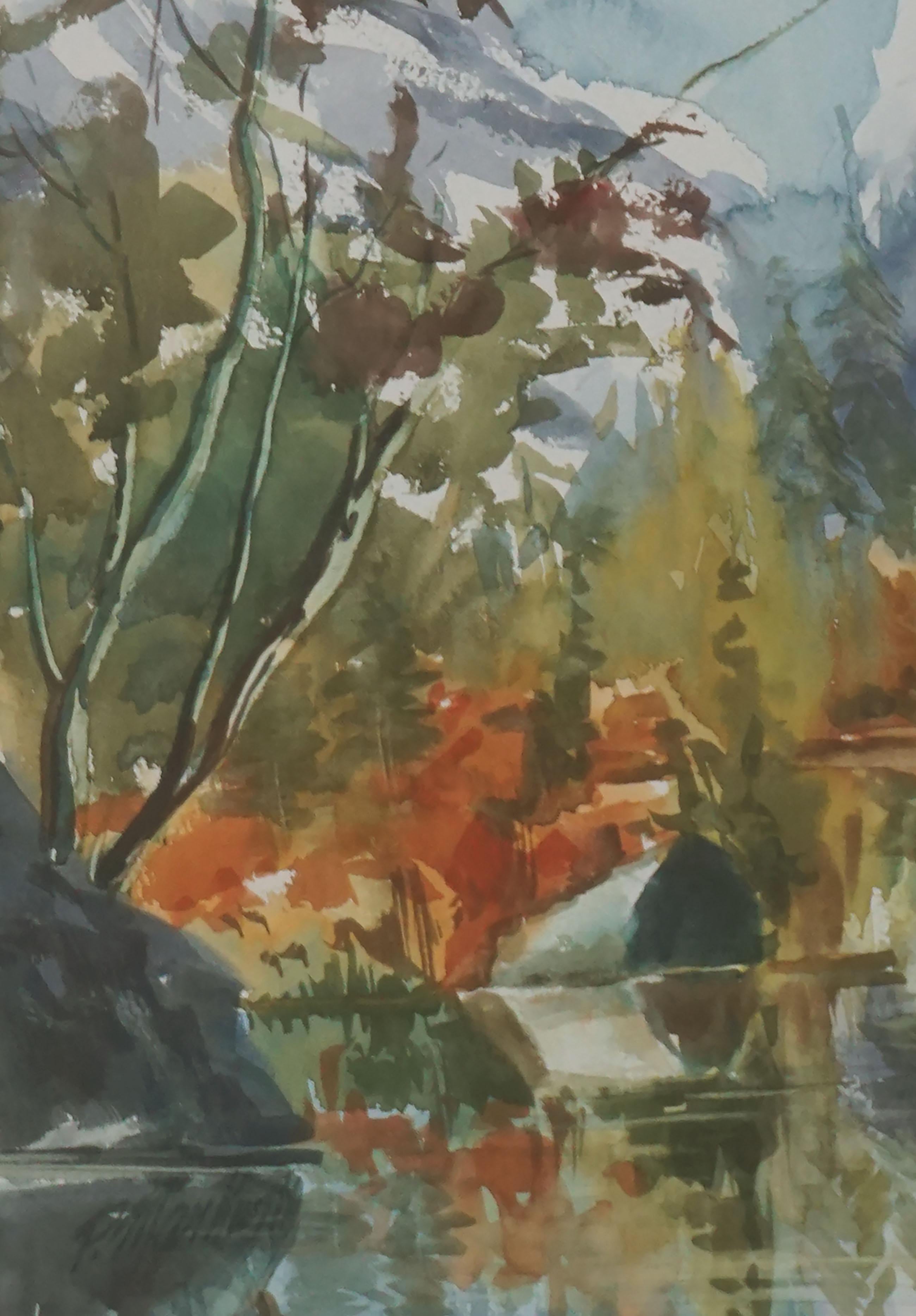 Vintage Yosemite Valley y Half Doom en paisaje otoñal de acuarela - Painting Impresionista de P Mar Kunth