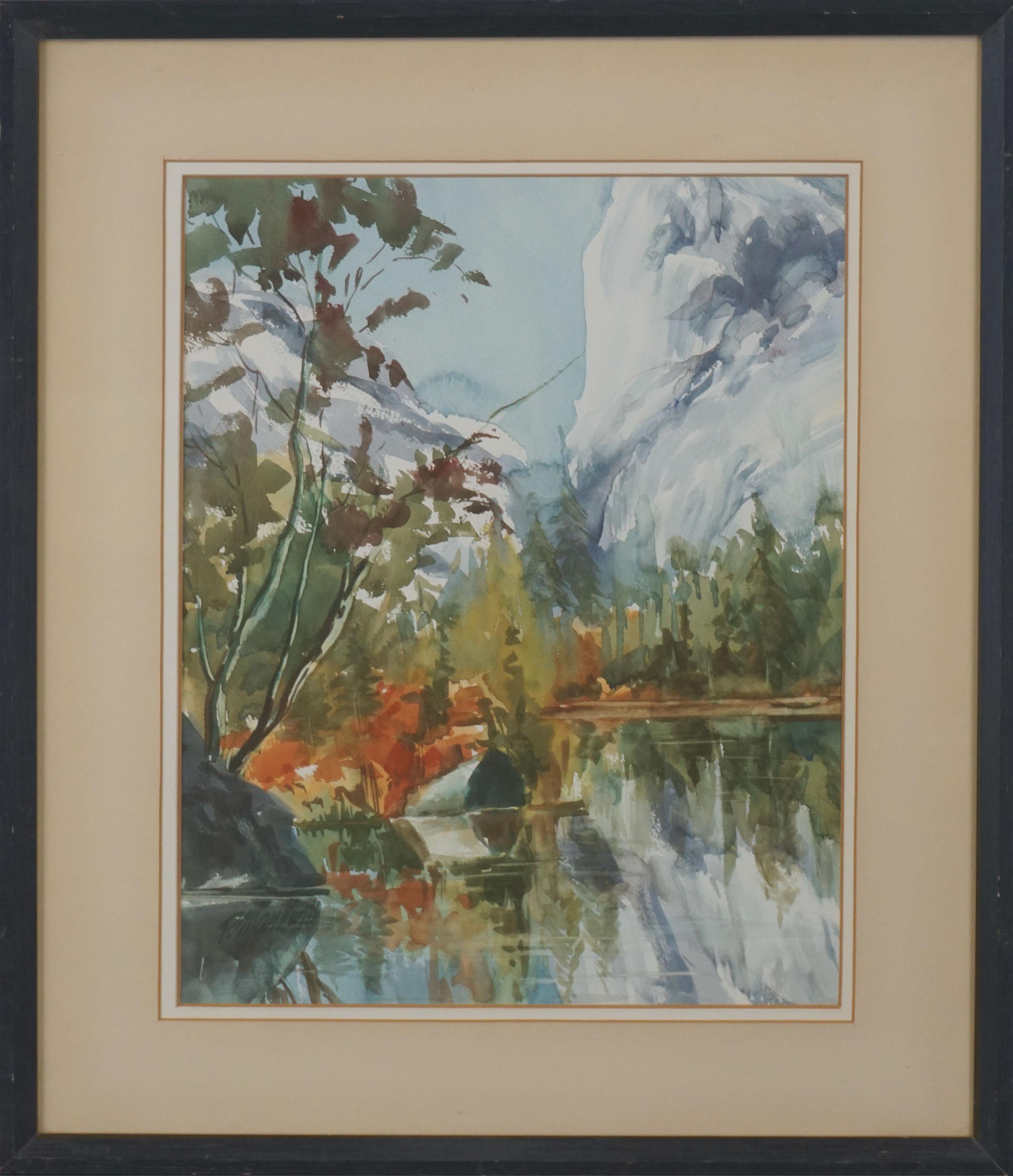 Landscape Painting de P Mar Kunth - Vintage Yosemite Valley y Half Doom en paisaje otoñal de acuarela