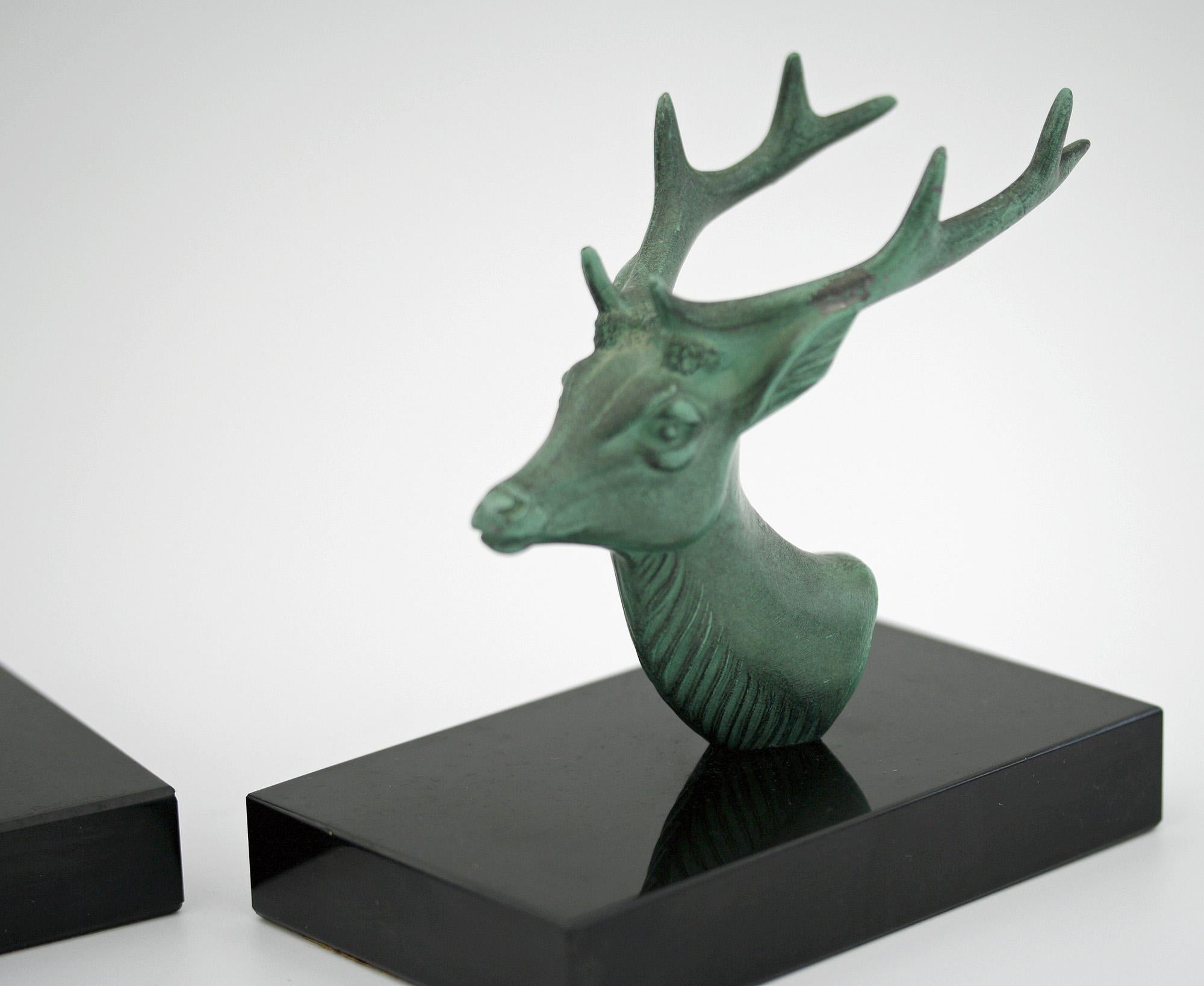 P Mimaux French Art Deco Green Patinated Stag Head Bookends 5