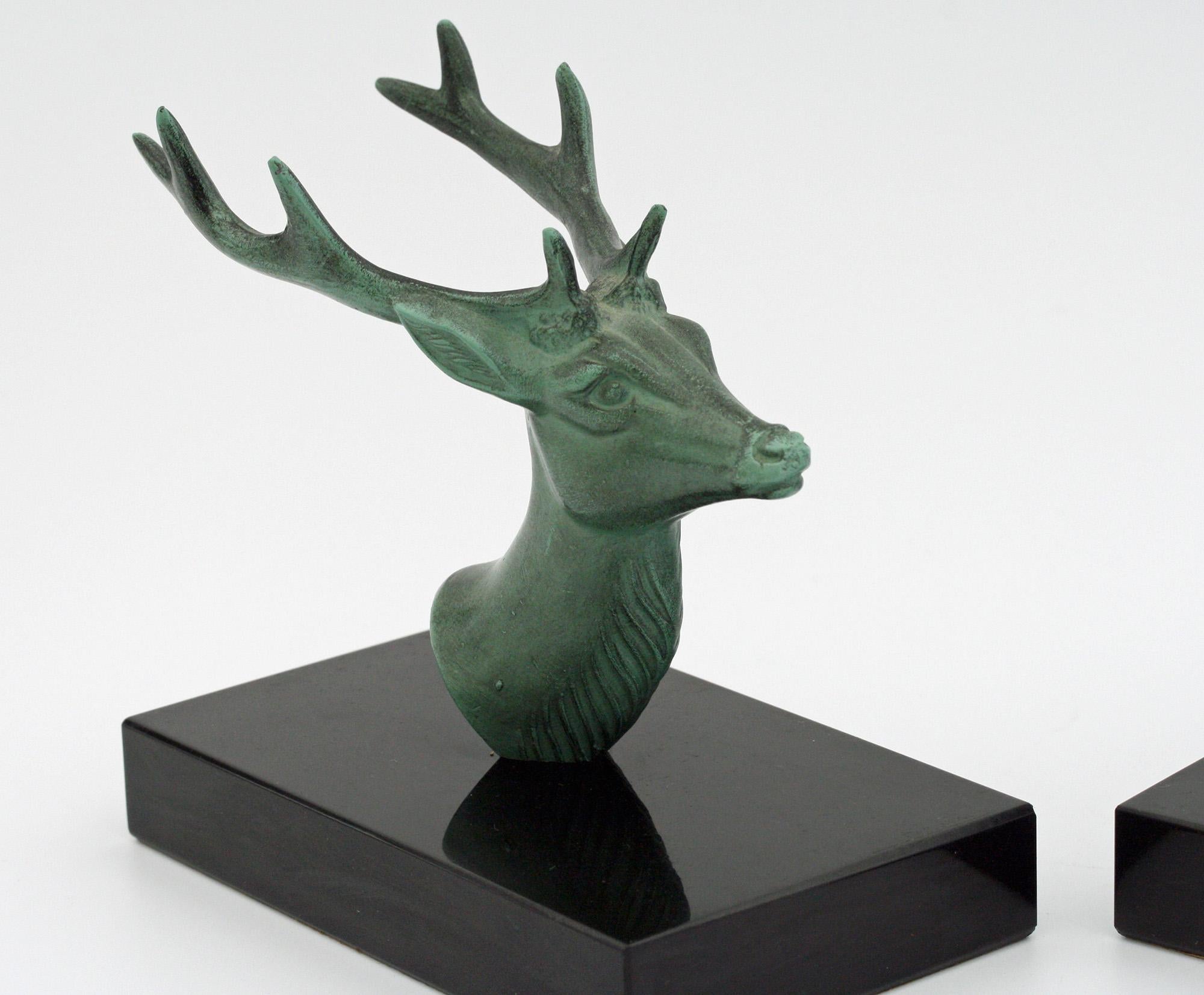 P Mimaux French Art Deco Green Patinated Stag Head Bookends 6