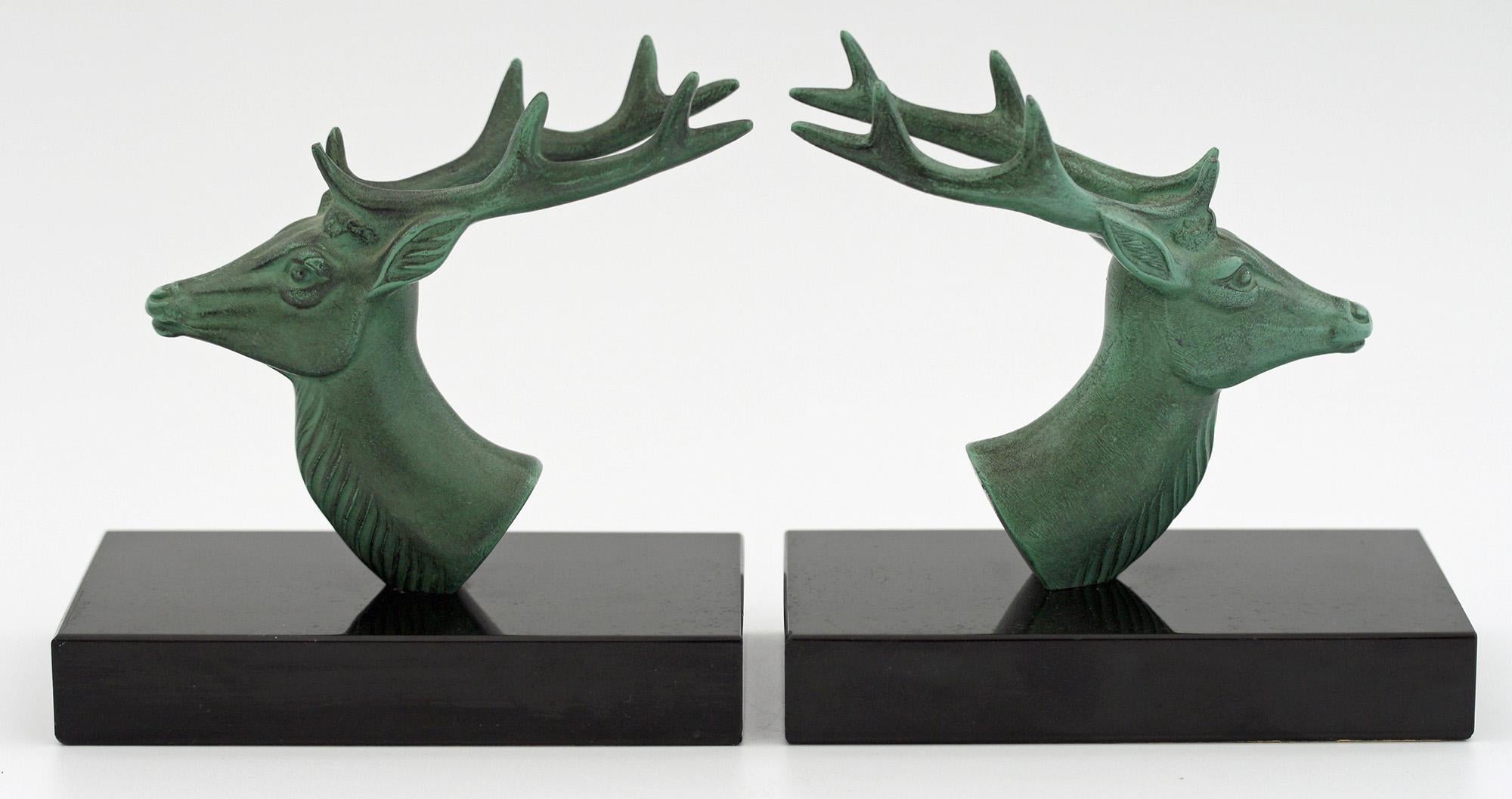 Mid-20th Century P Mimaux French Art Deco Green Patinated Stag Head Bookends