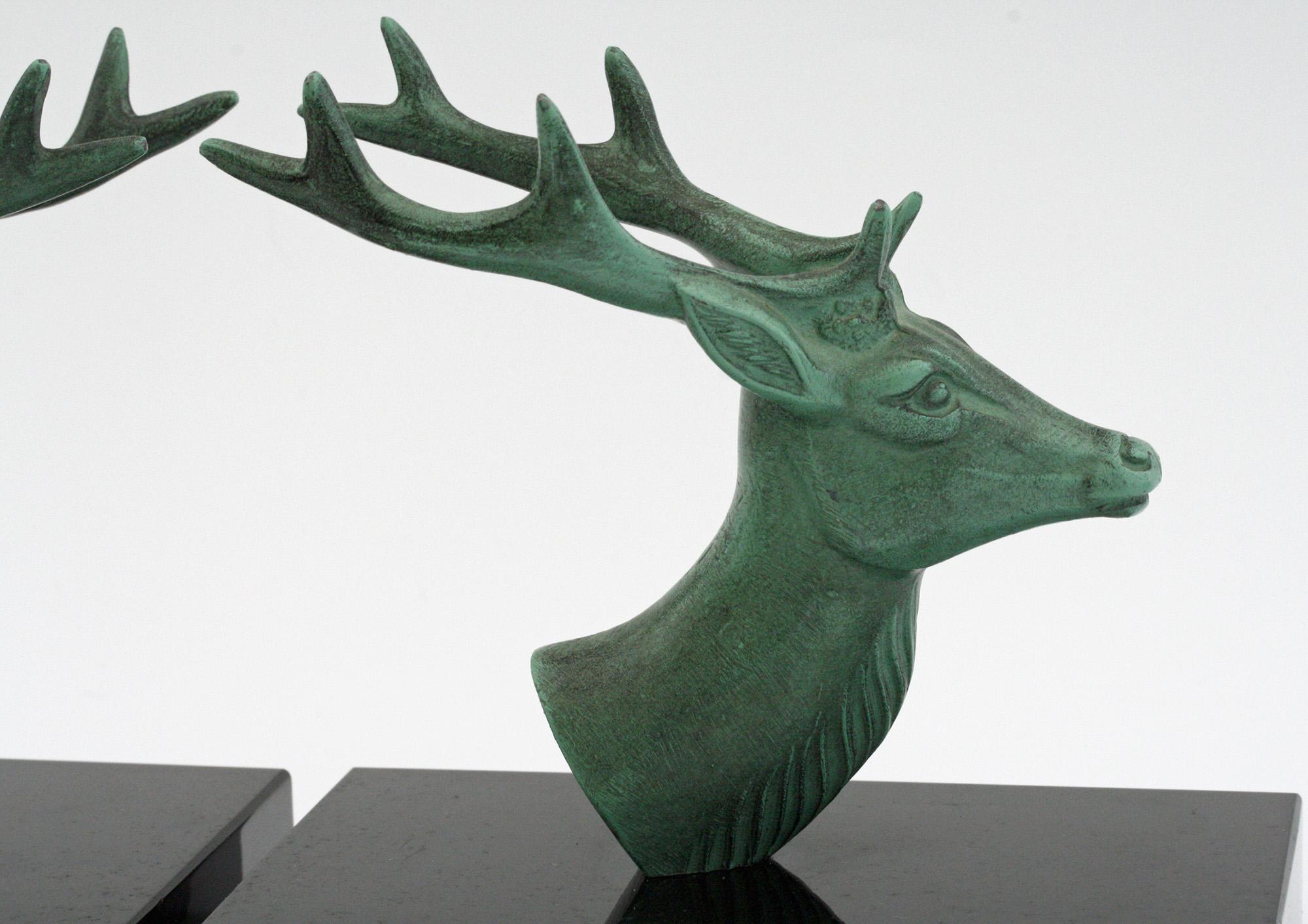 Metal P Mimaux French Art Deco Green Patinated Stag Head Bookends