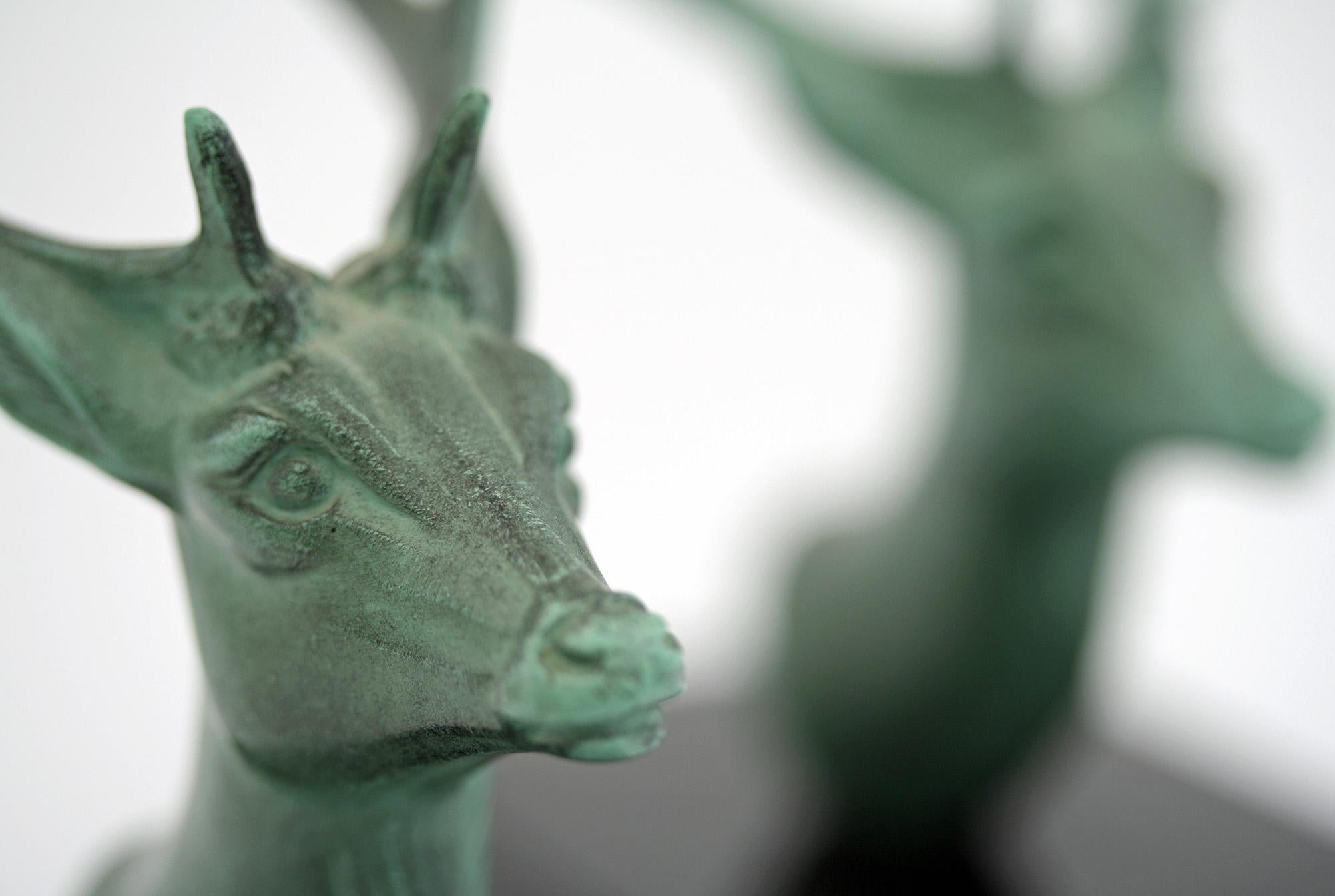 P Mimaux French Art Deco Green Patinated Stag Head Bookends 3